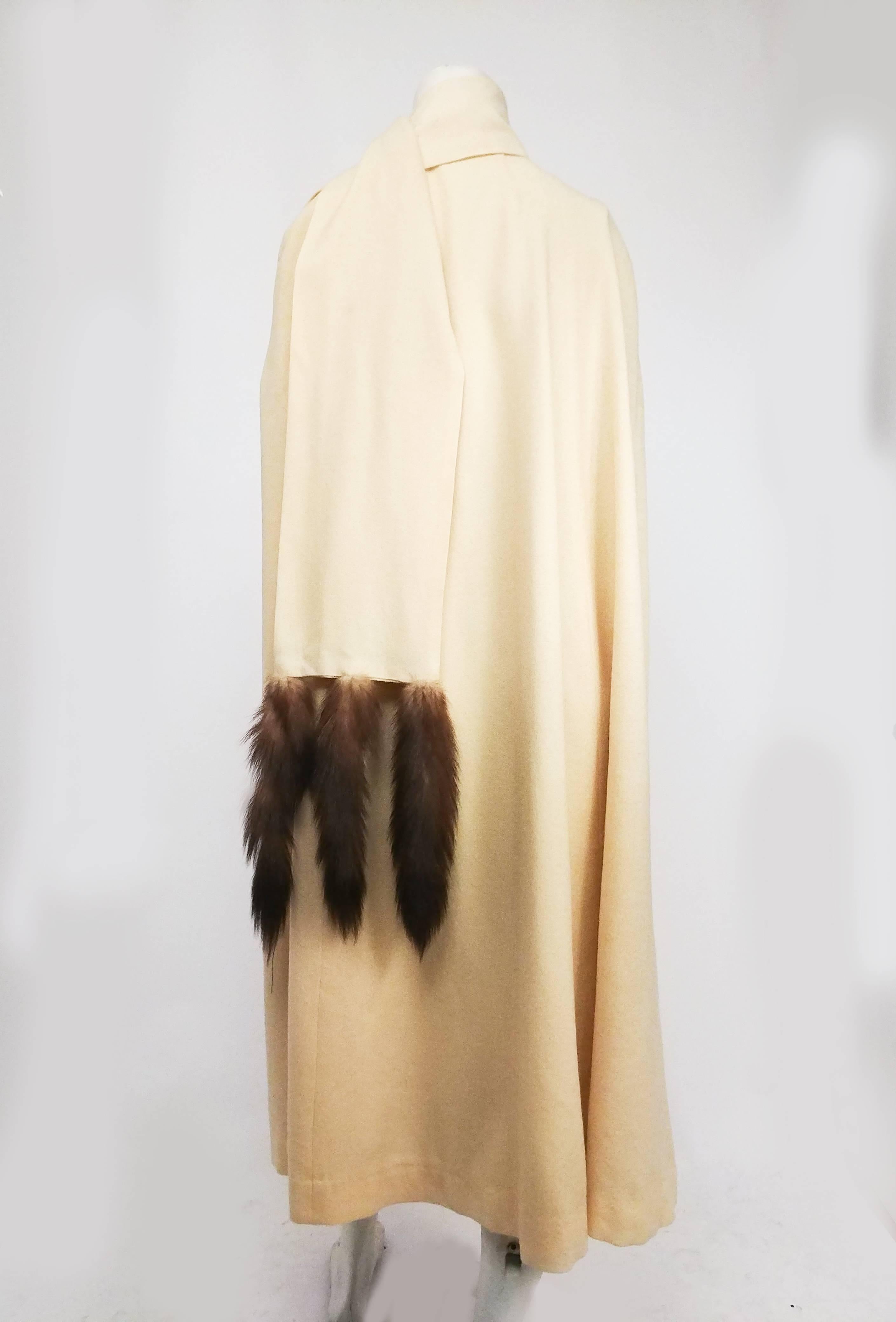 Beige Cream Full Length Wool Cape with Mink Tails, 1960s 