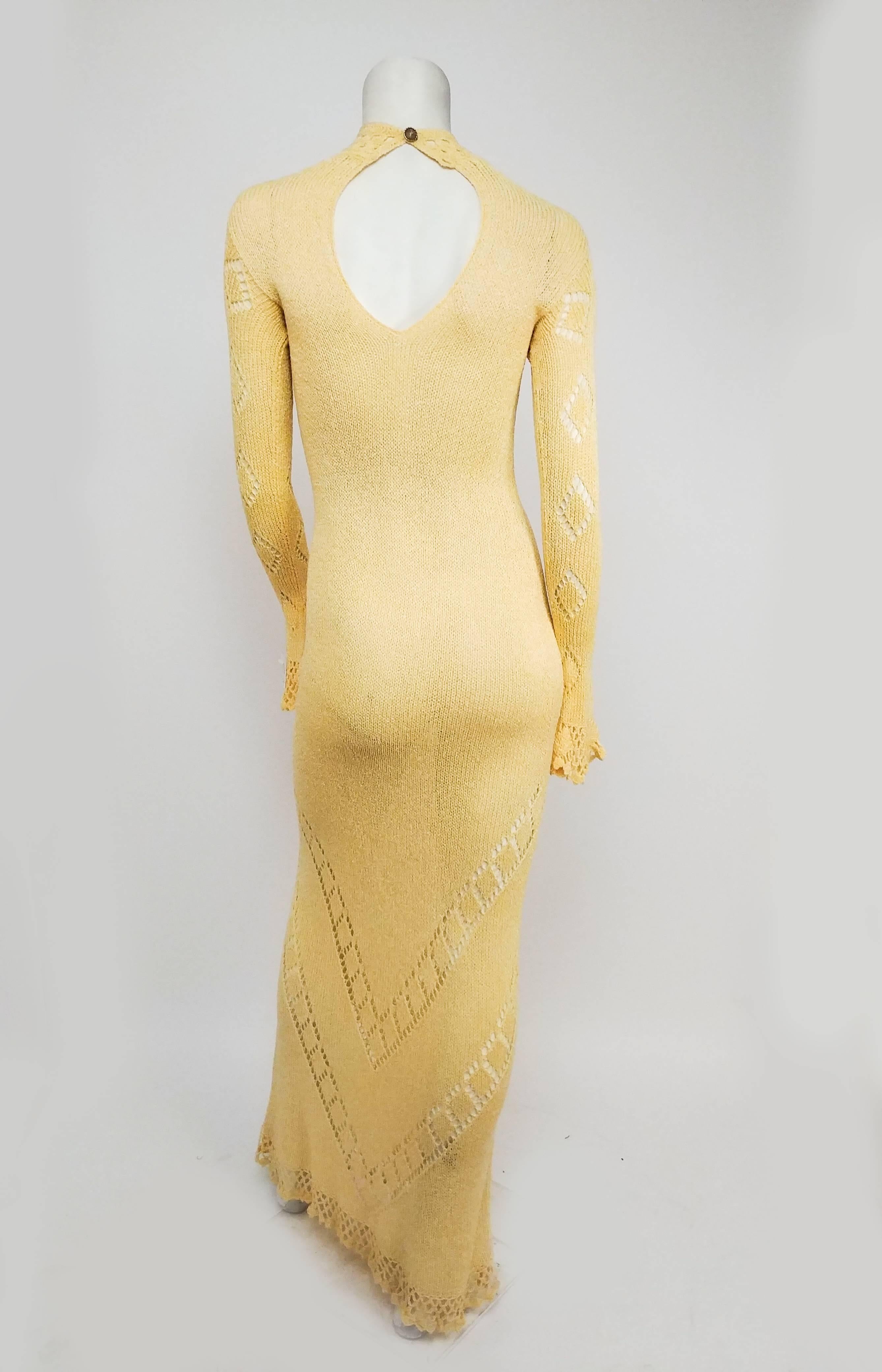 Beige Buttercup Yellow Crochet Maxi Dress with Sexy Back Keyhole, 1970s 