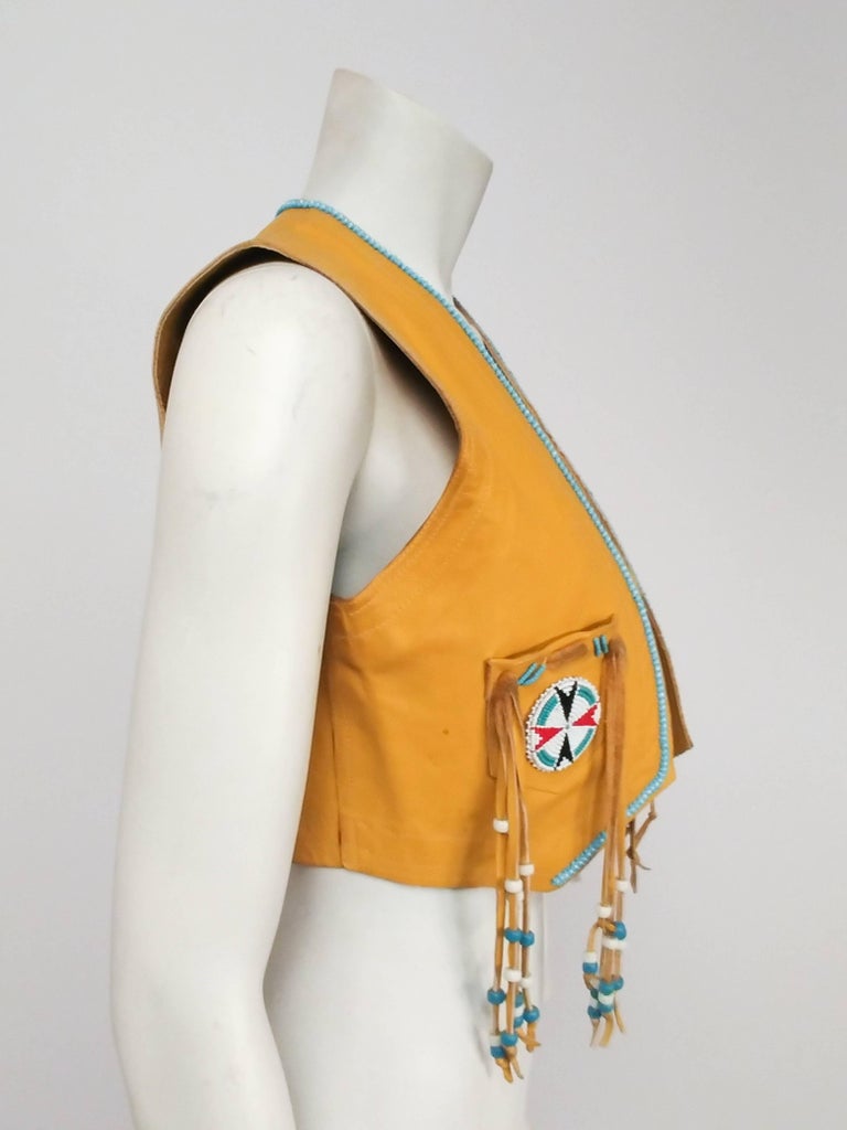 Handmade Hippie Leather Vest with Glass Beads, 1960s For Sale at