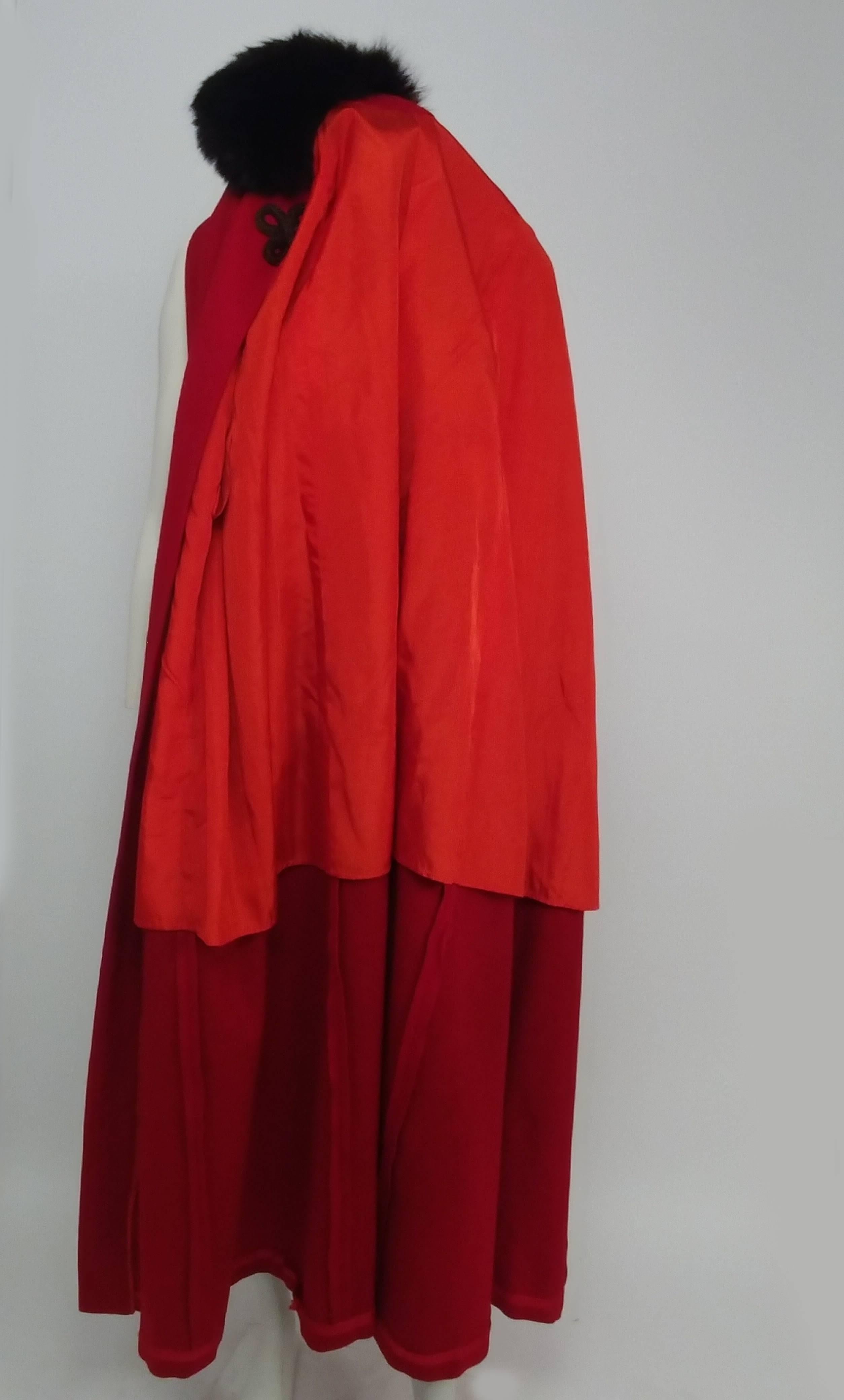 Women's Antique Red Wool Cape with Black Fox Fur Trim
