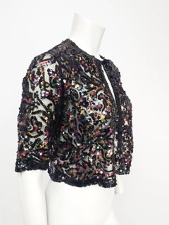 Rainbow Sequin Black Mesh Cropped Bolero Jacket, 1930s