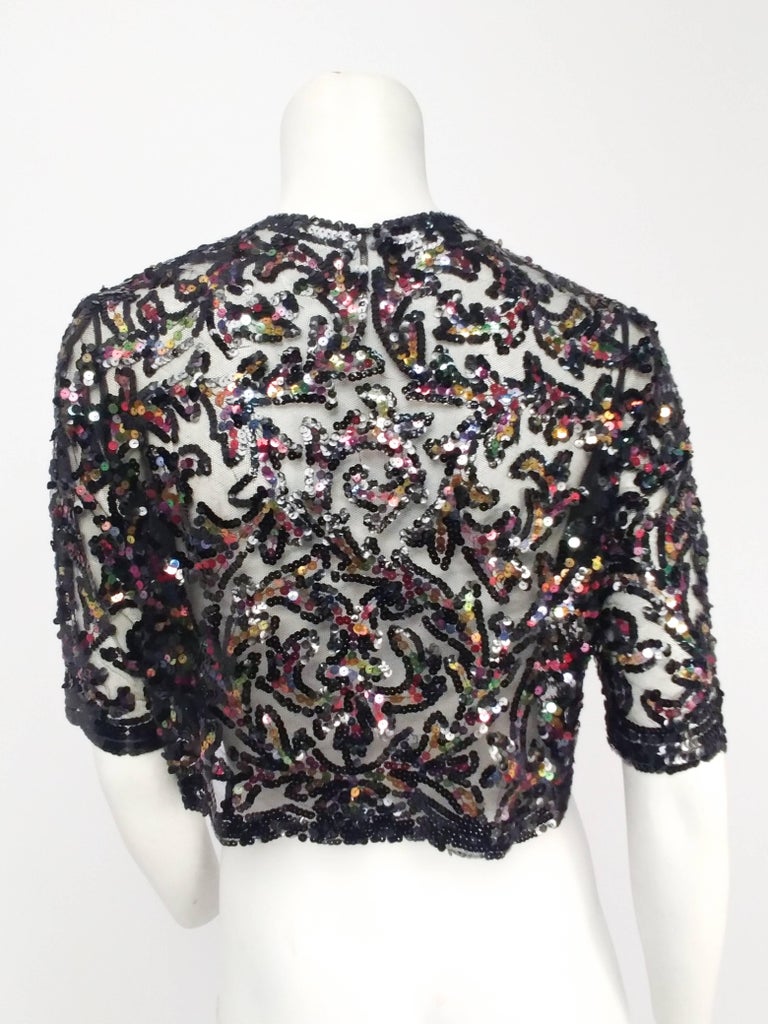 Rainbow Sequin Black Mesh Cropped Bolero Jacket, 1930s  In Good Condition For Sale In San Francisco, CA
