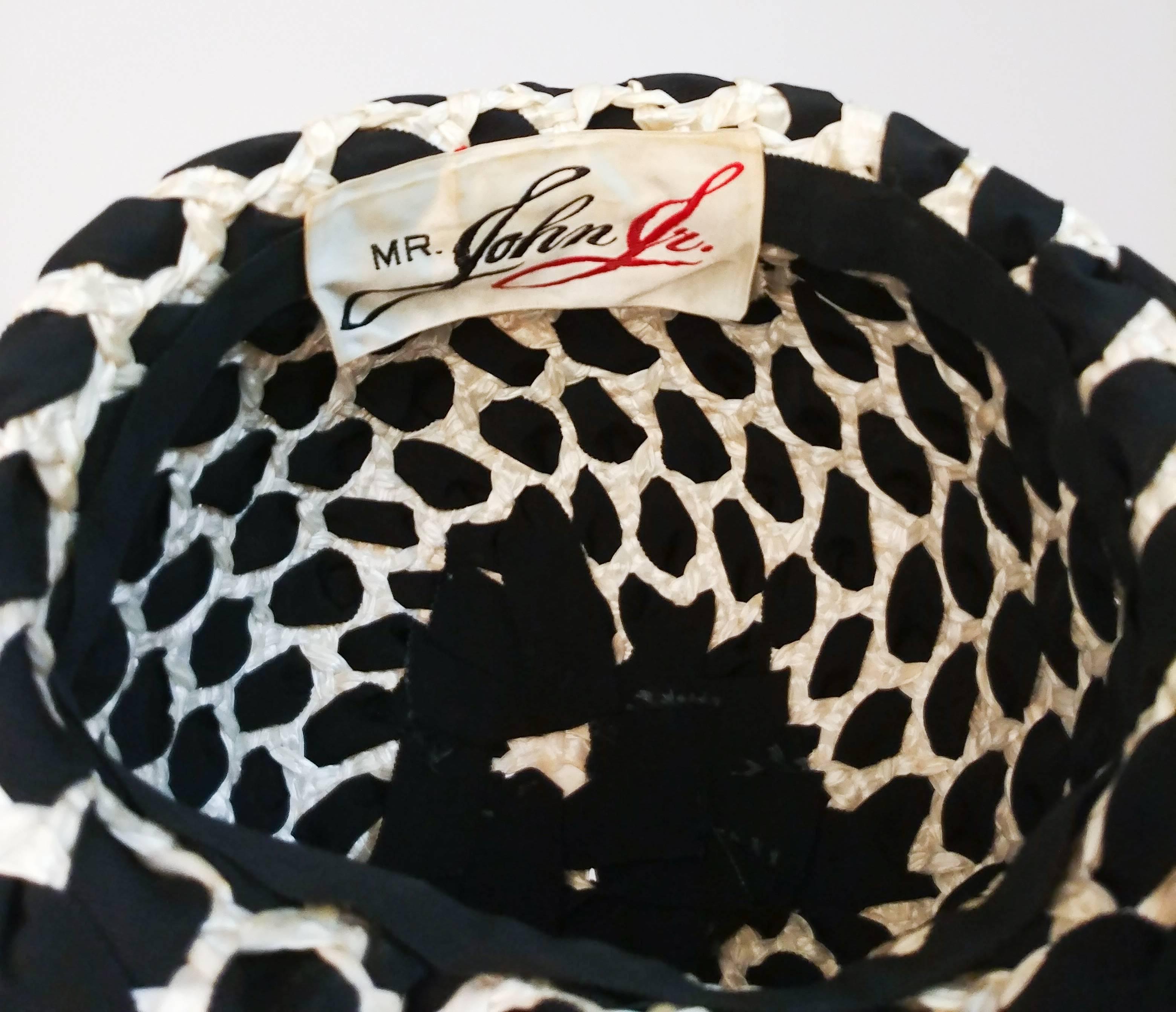 Gray 1960s Mr. John Black & White Raffia Ribbon Cloche Mod Hat