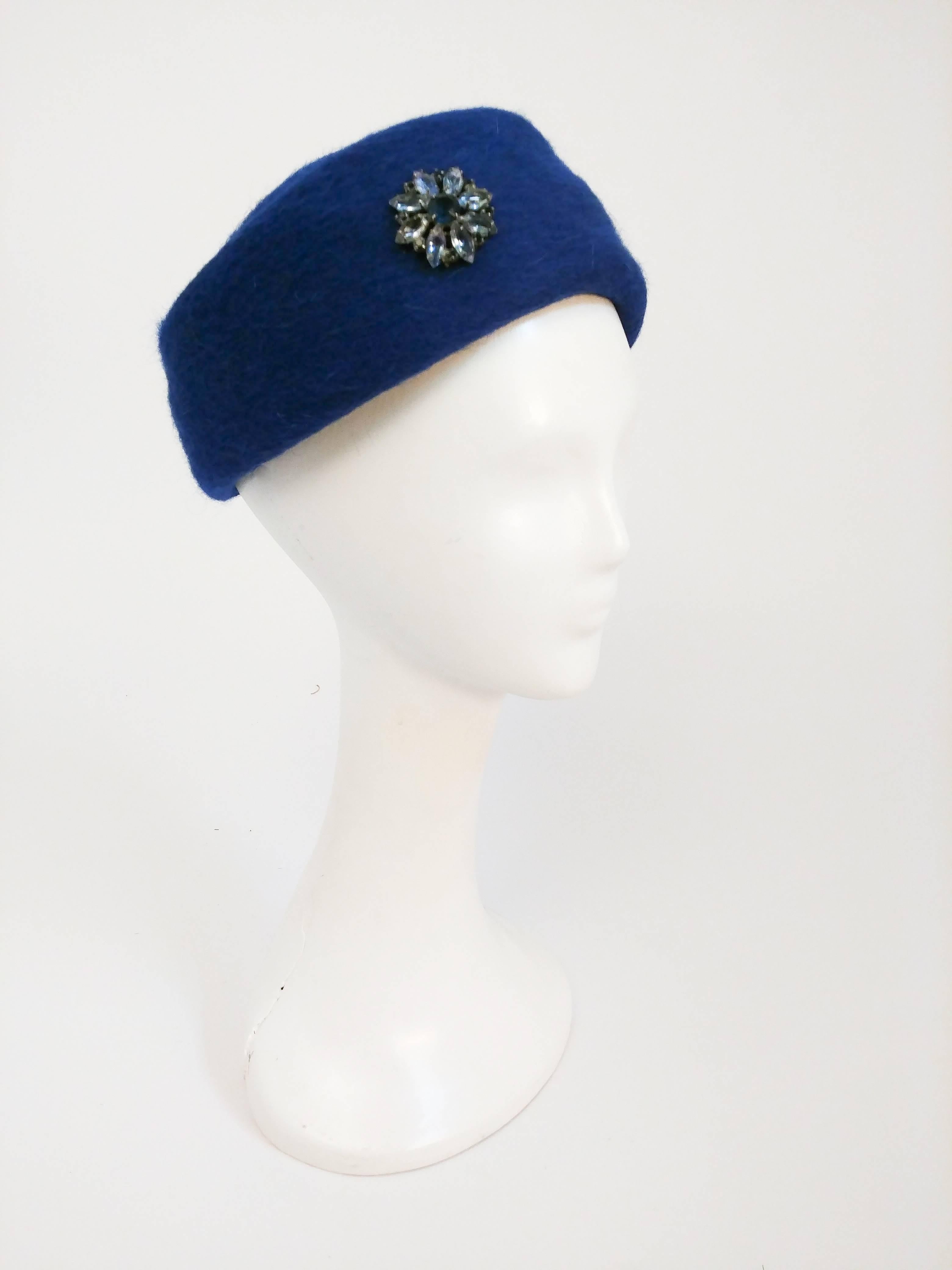 1960s Blue Wool Pillbox Hat w/ Brooch. Elegant cobalt blue pillbox hat with brooch sits towards back of the head, simple and wearable. 