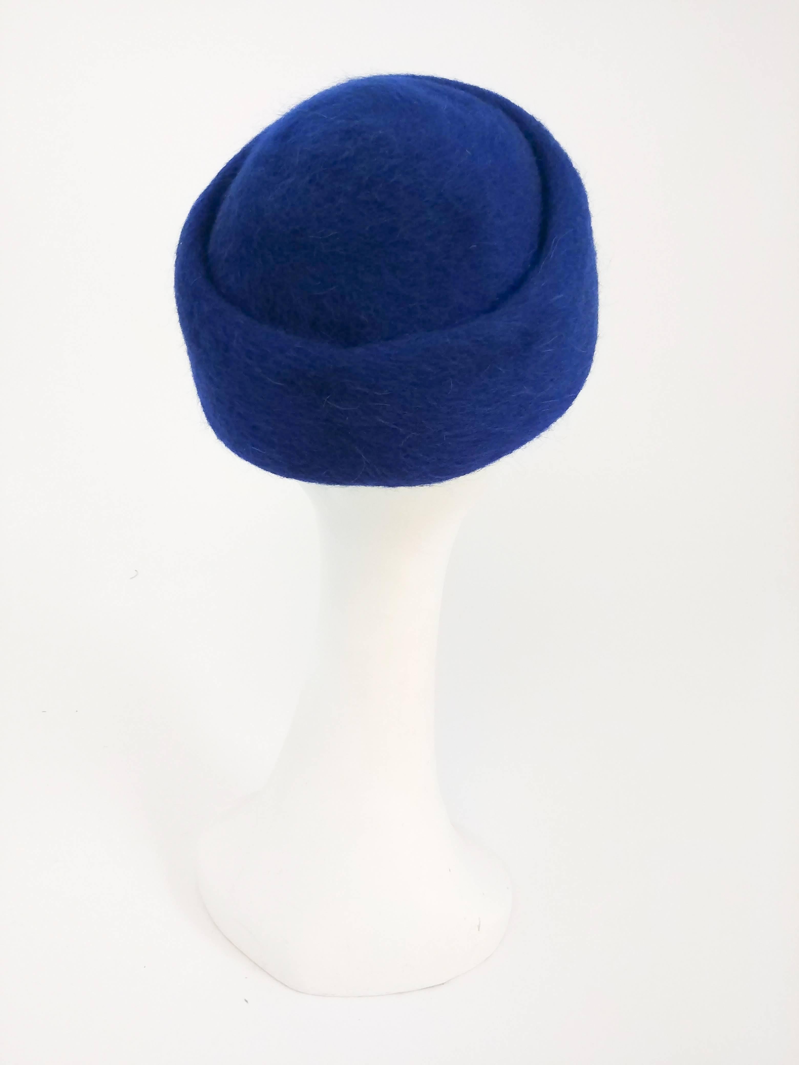 Gray 1960s Blue Wool Pillbox Hat w/ Brooch