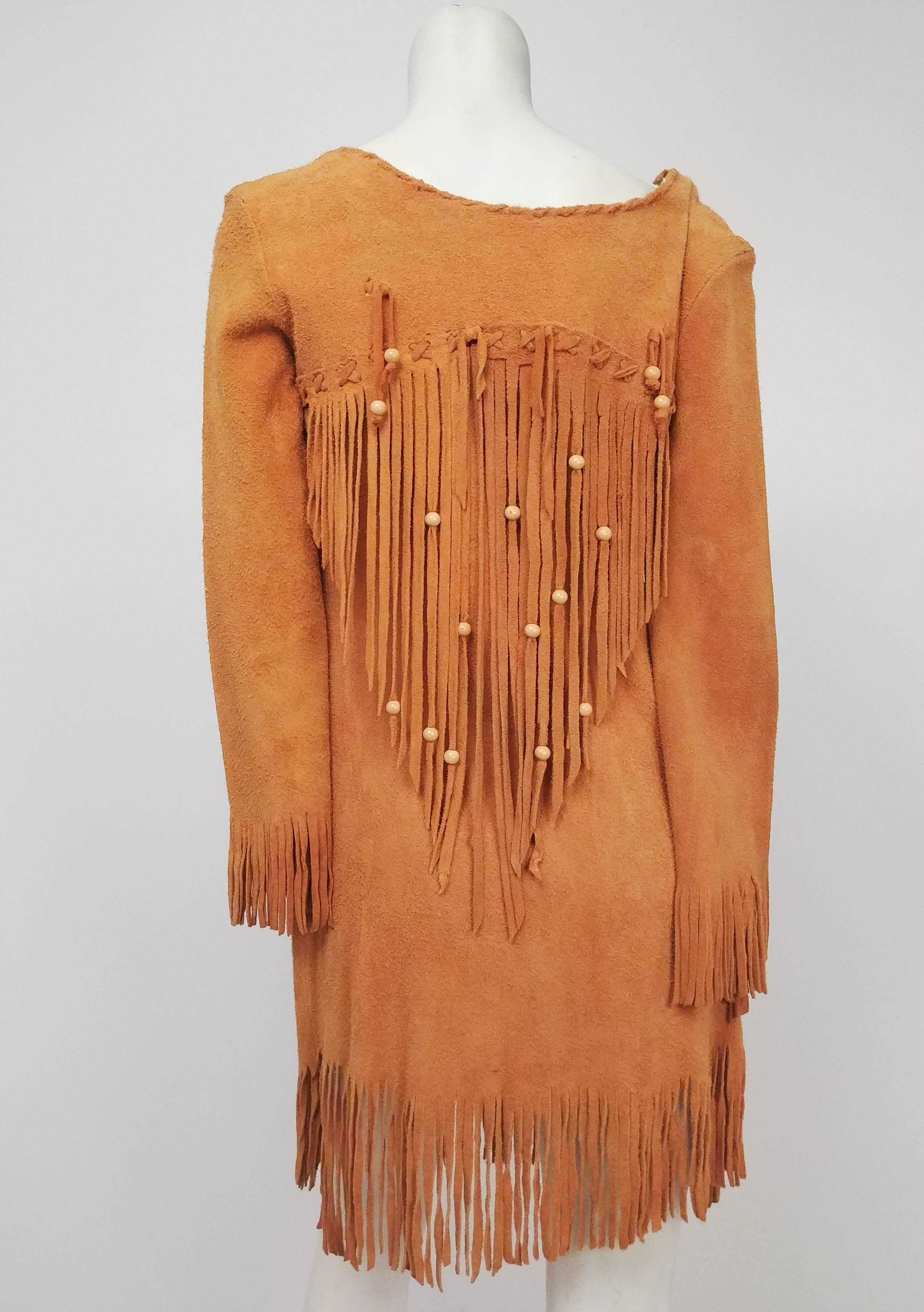 Orange Elk Suede Fringe Hippie Dress, 1960s 