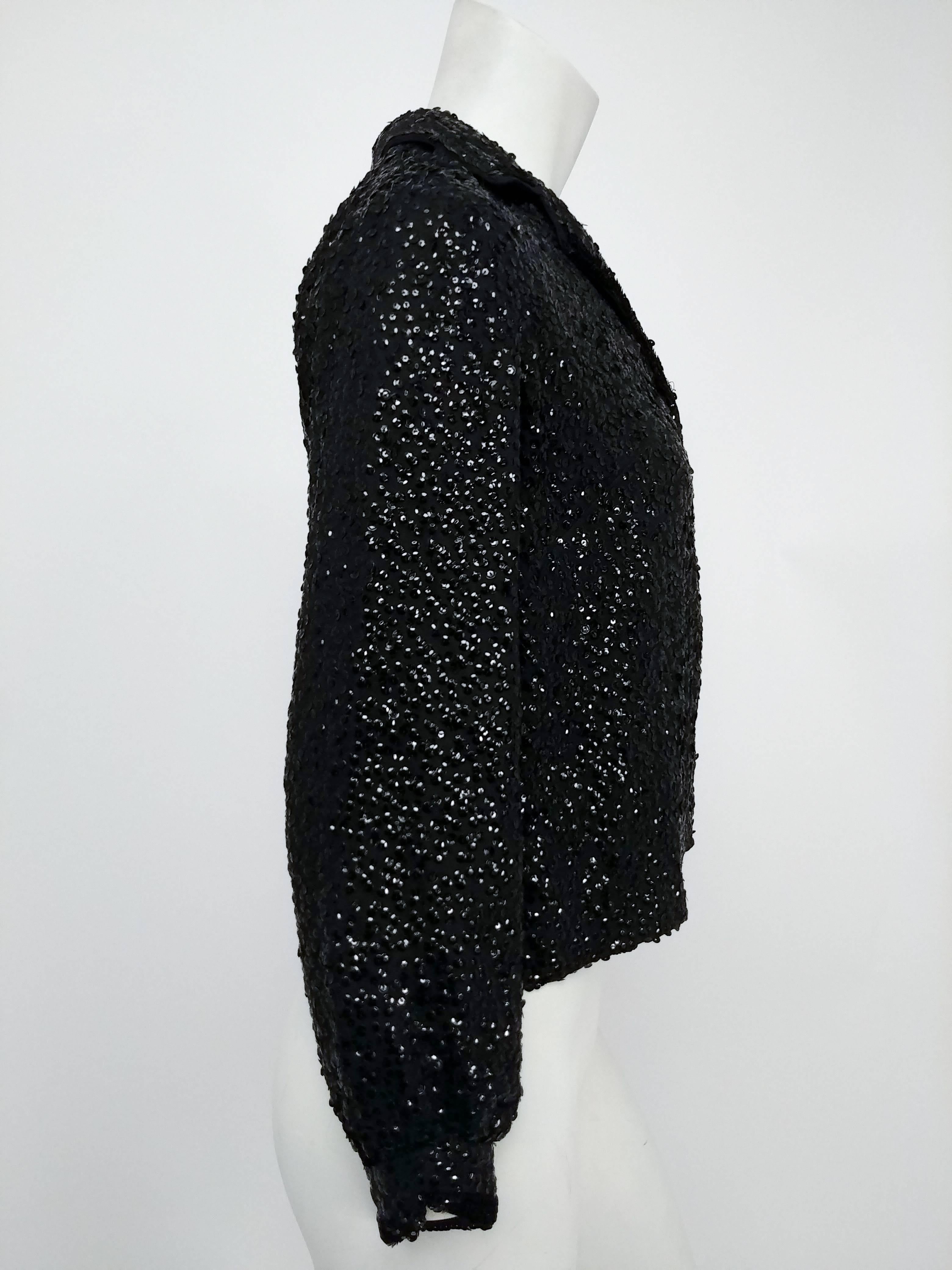 1950s Black All-Over Sequin Jacket.  Classy black notched collar evening jacket, buttons down front, fully lined. 