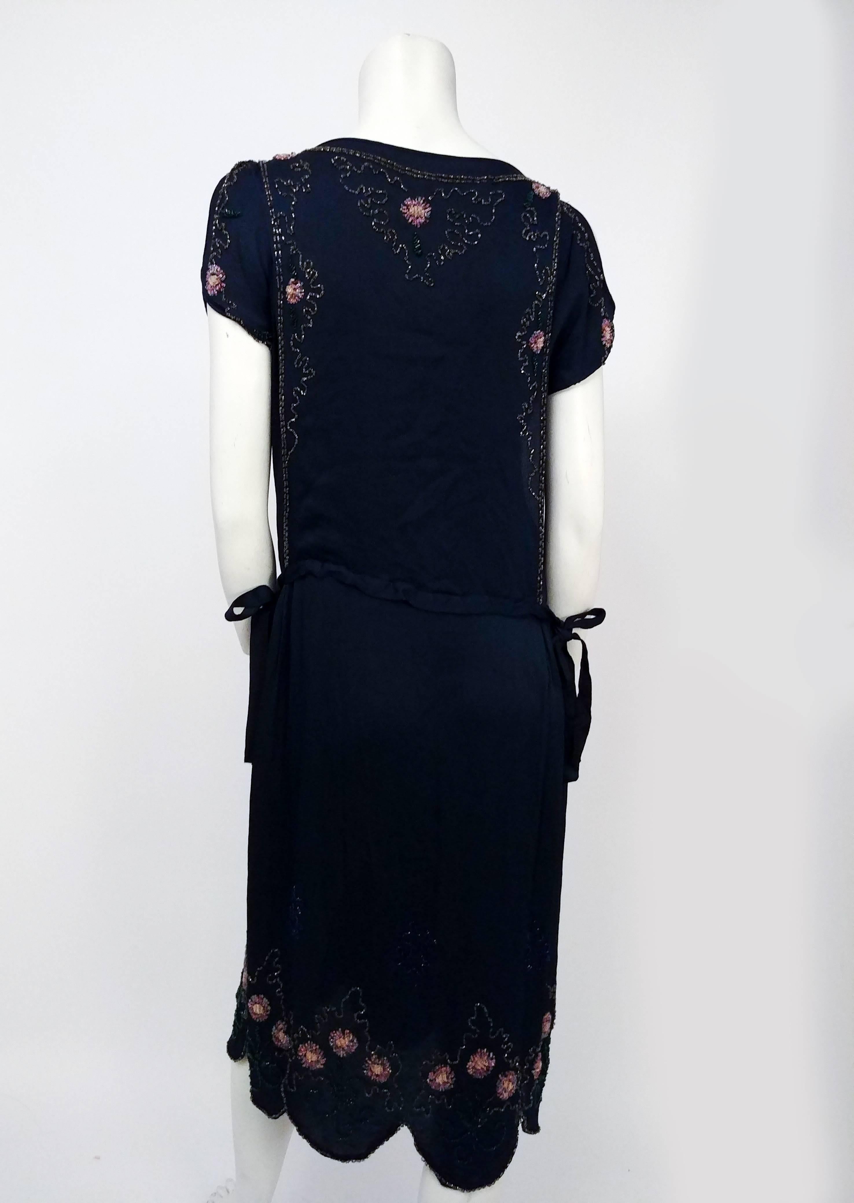 Women's Black Silk Beaded Dress, 1920s  For Sale