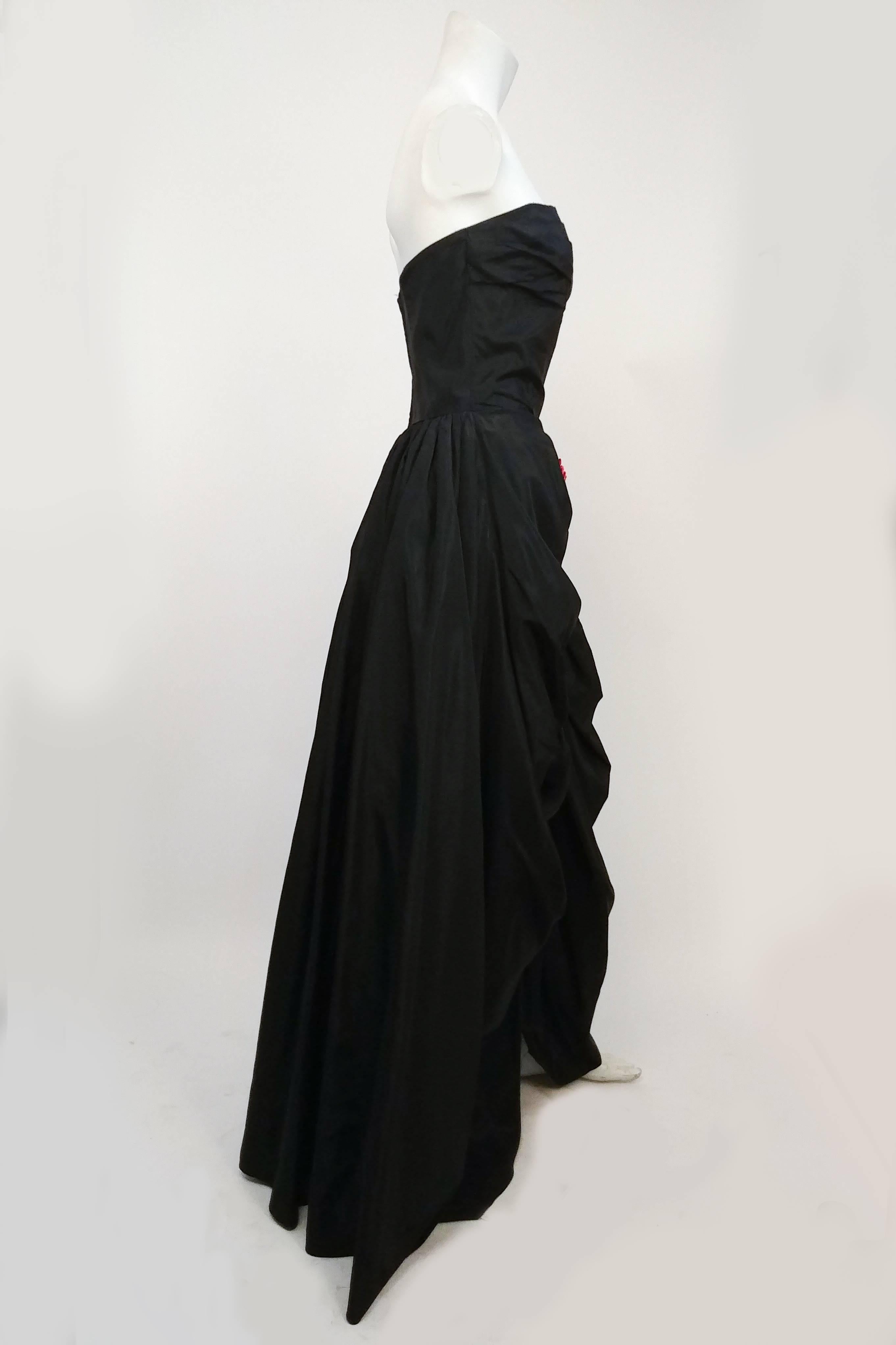 Black Ruched Front Rose Embellishment Gown, 1950s  In Good Condition For Sale In San Francisco, CA