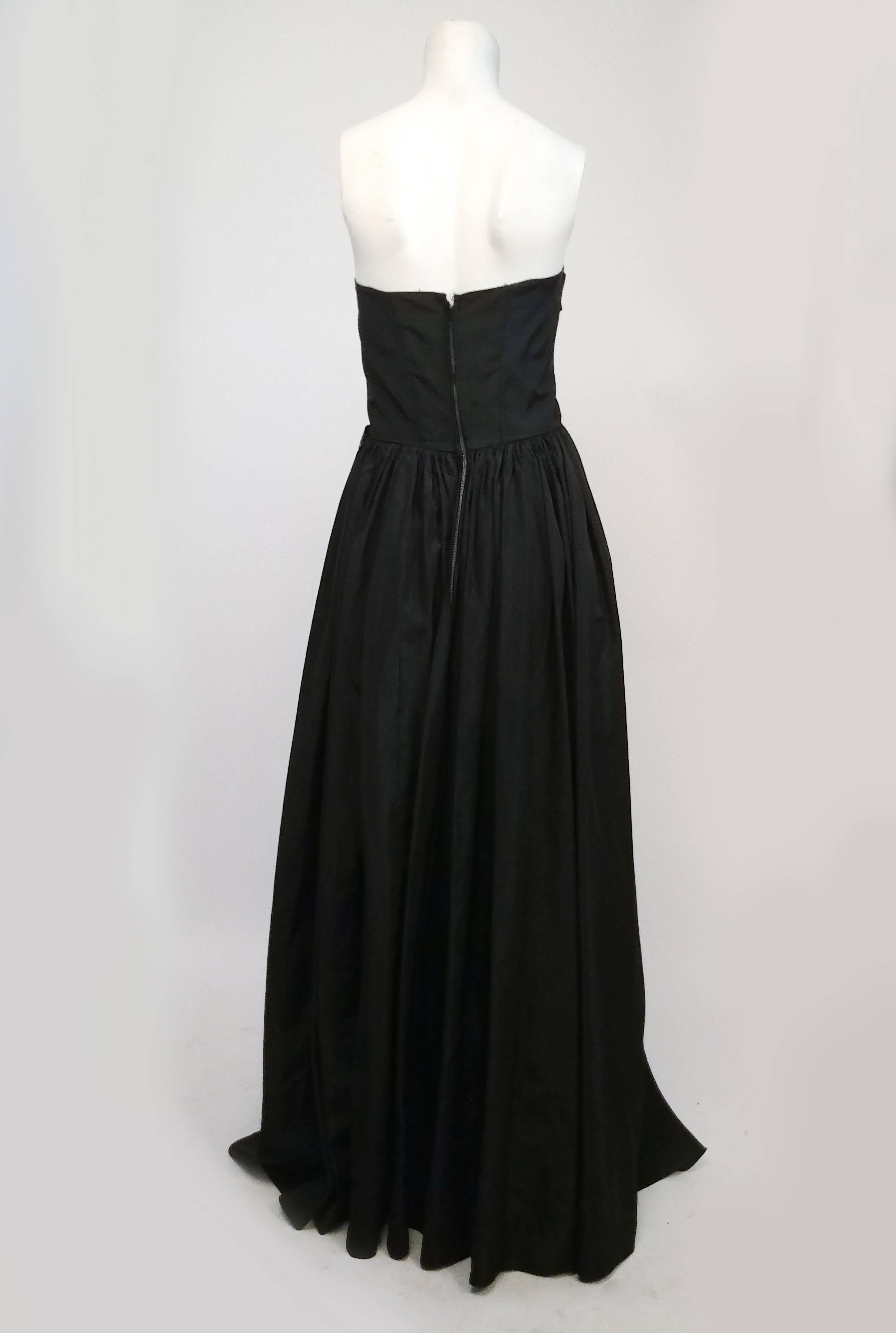Women's Black Ruched Front Rose Embellishment Gown, 1950s  For Sale