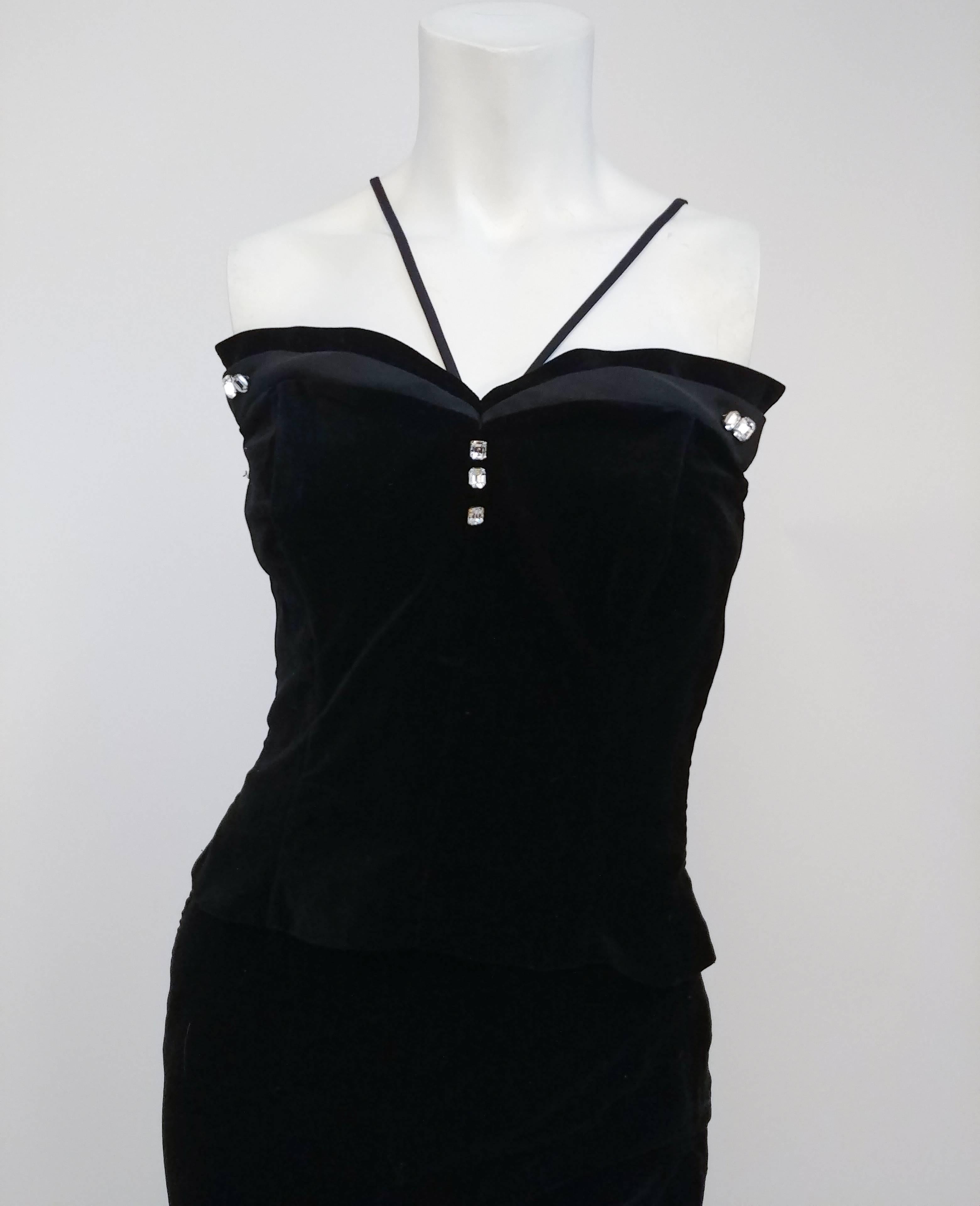 1950s Black Velvet Halter Top & Capri Set. Adorable black velvet set embellished with rhinestones. 
