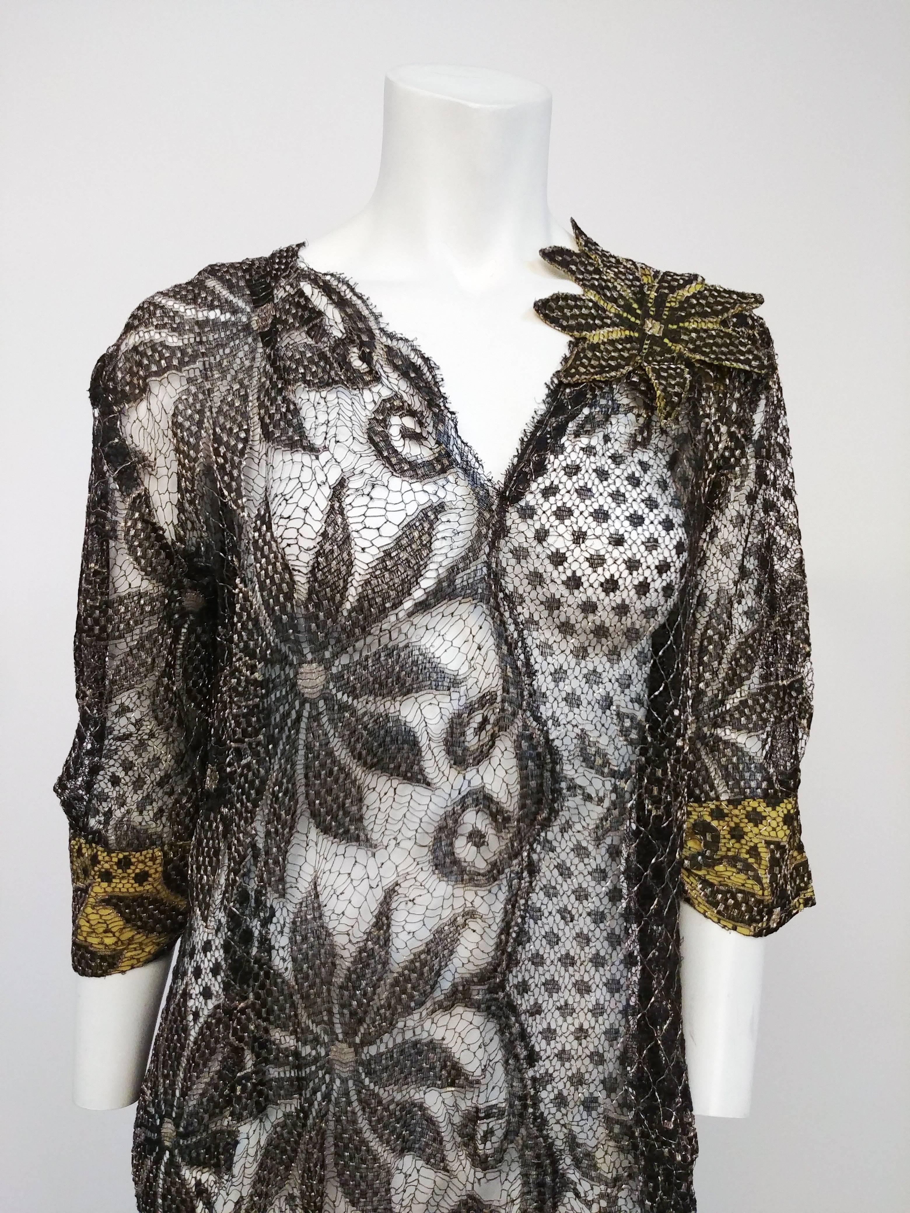 1930s Silver Assuit Lace Gown. Chartreuse lining at sleeves and flower motif at collar. Snaps at side. 