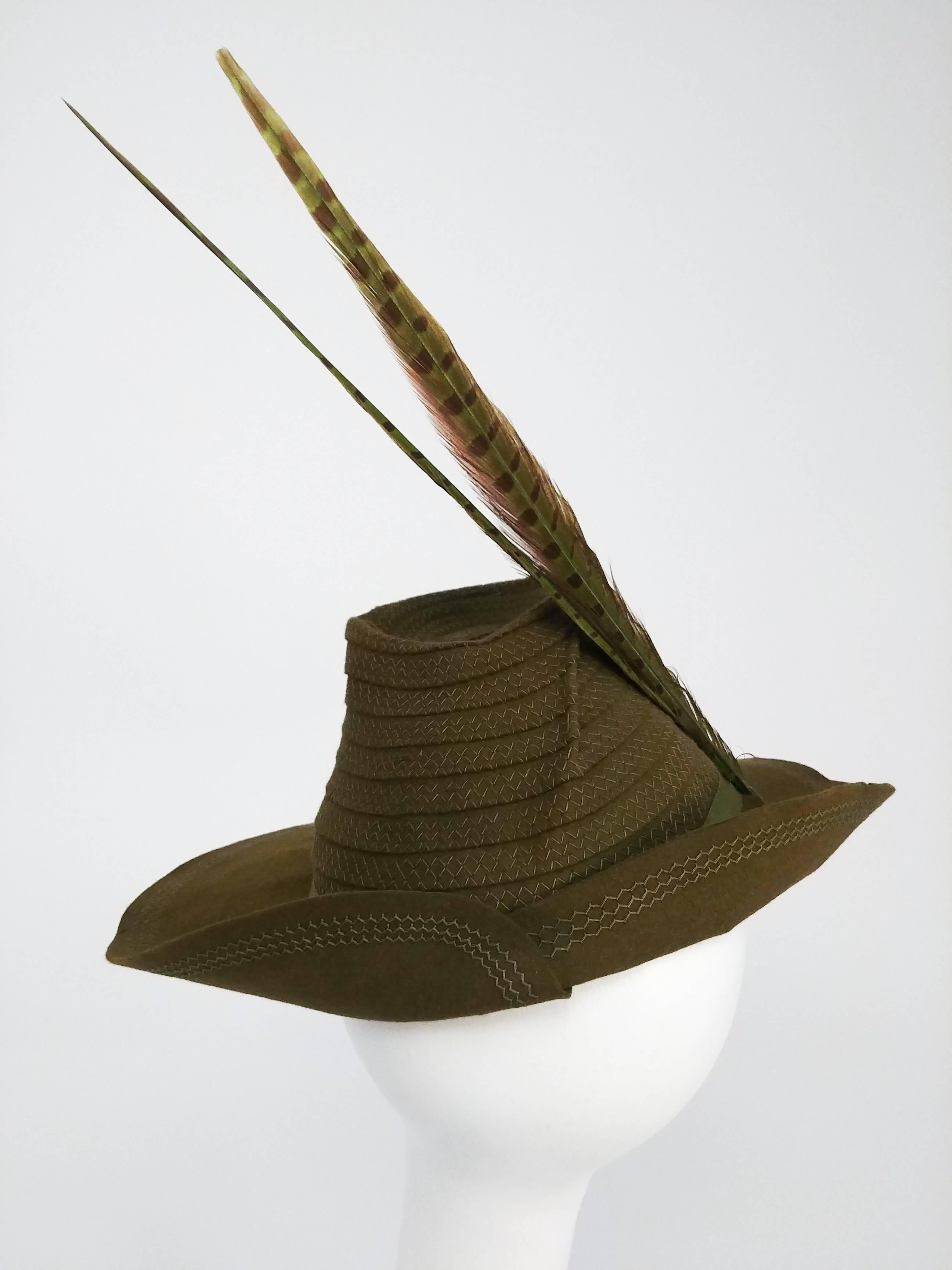 Brown Olive Green Wide Brim Hat with Dyed Pheasant Feathers, 1940s 