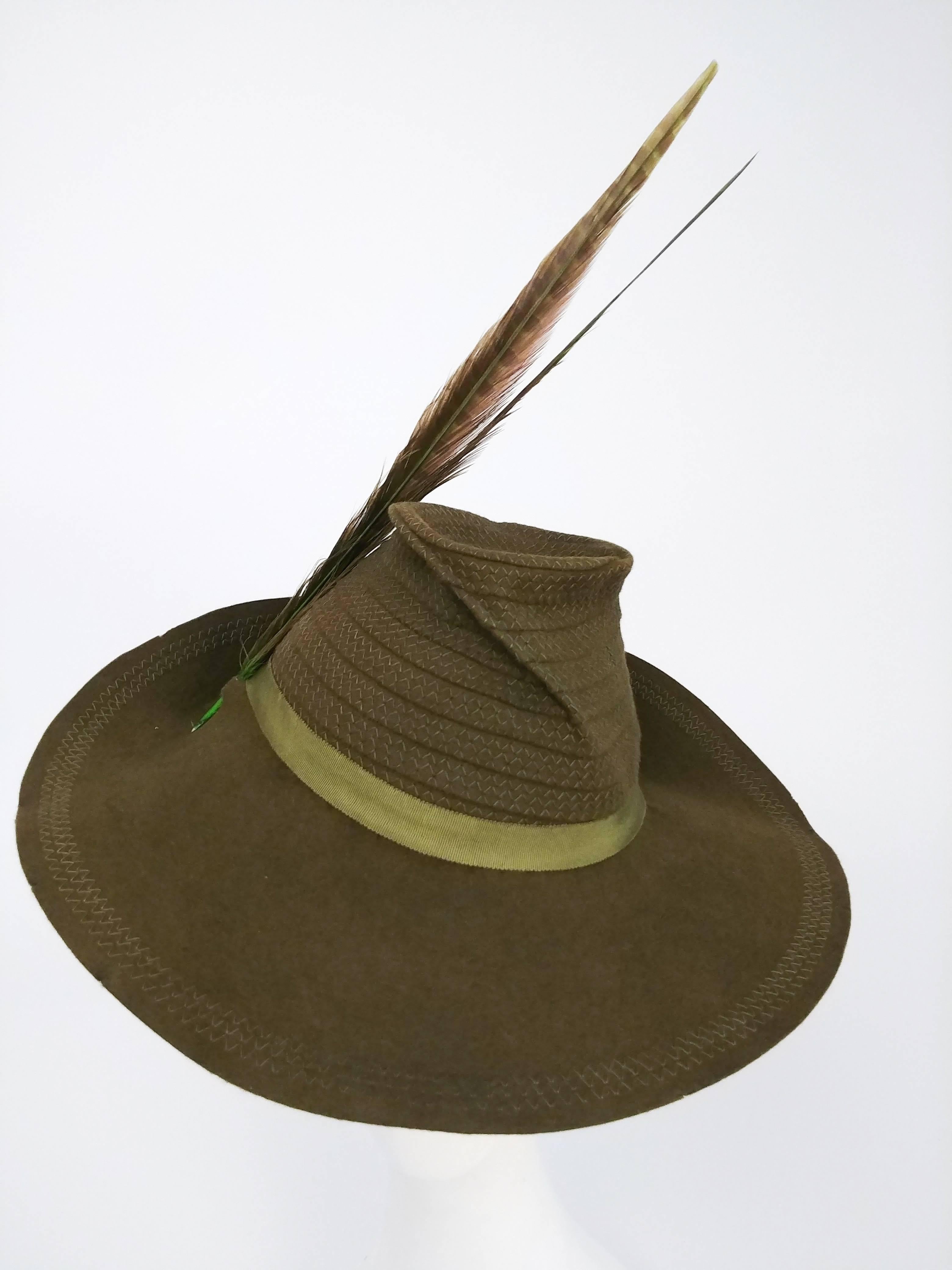 1940s Olive Green Wide Brim Hat w/ Dyed Pheasant Feathers. Amazing sculpted crown with decorative  embroidery. 