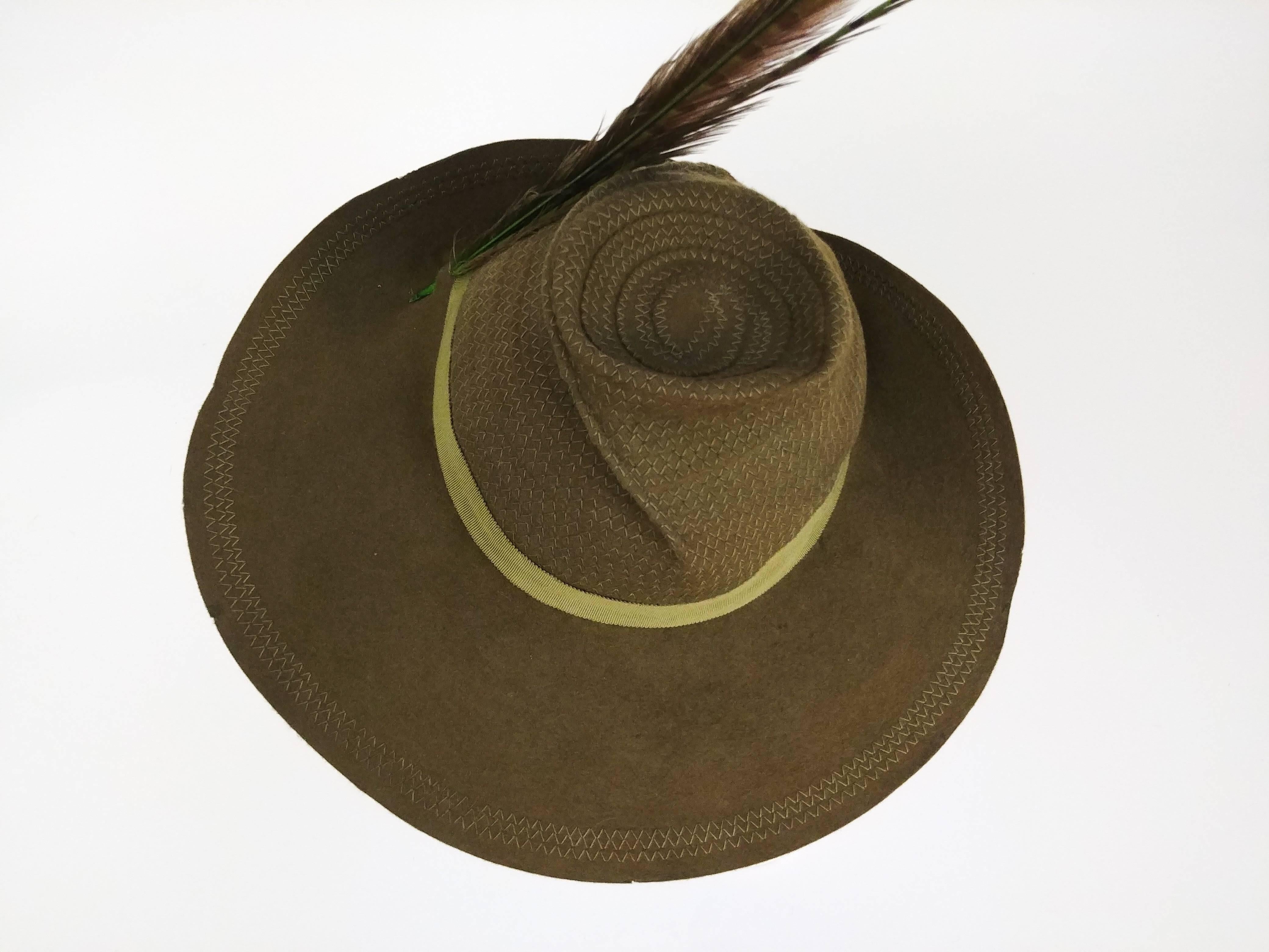 Women's Olive Green Wide Brim Hat with Dyed Pheasant Feathers, 1940s 