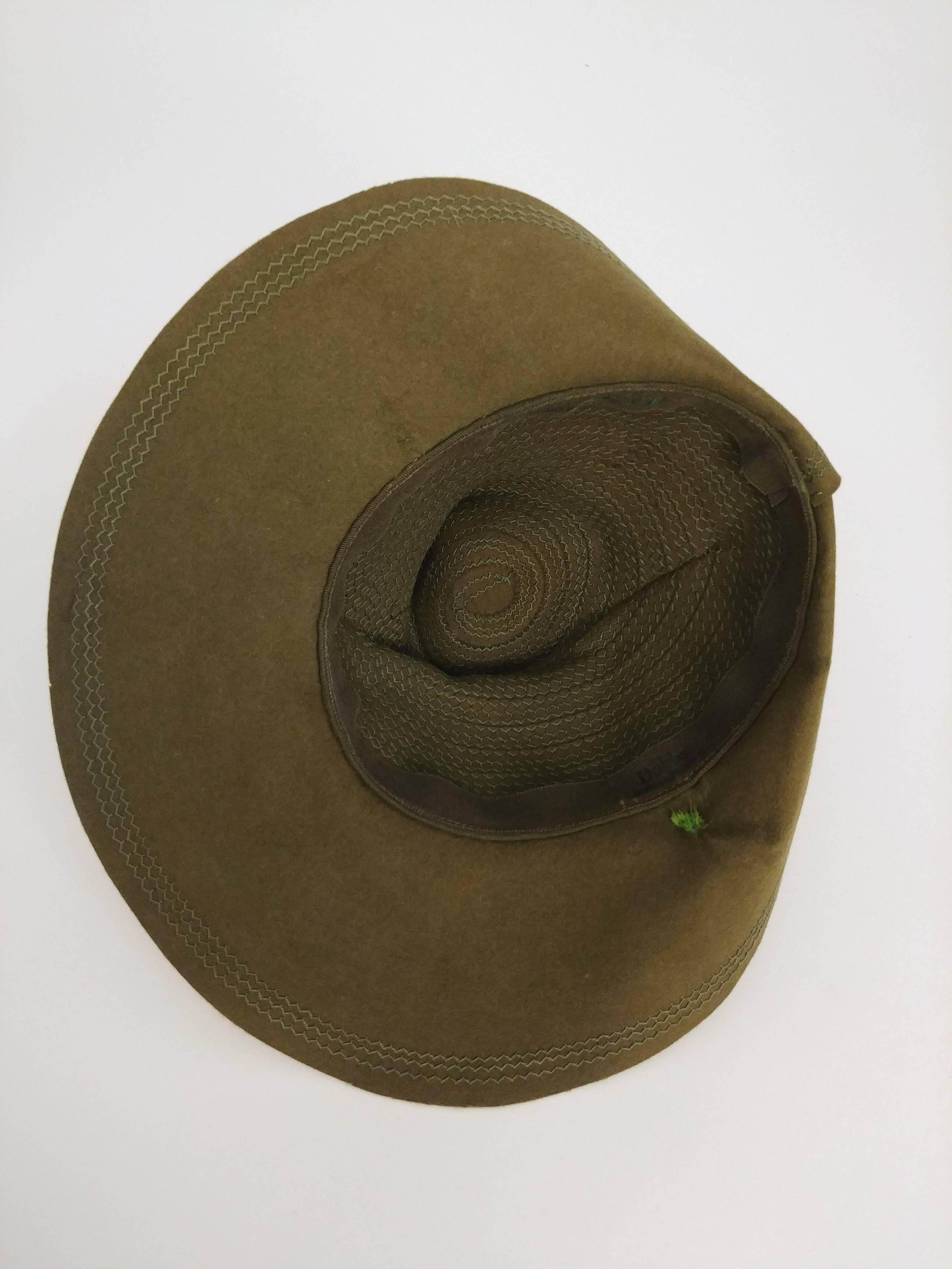 Olive Green Wide Brim Hat with Dyed Pheasant Feathers, 1940s  1