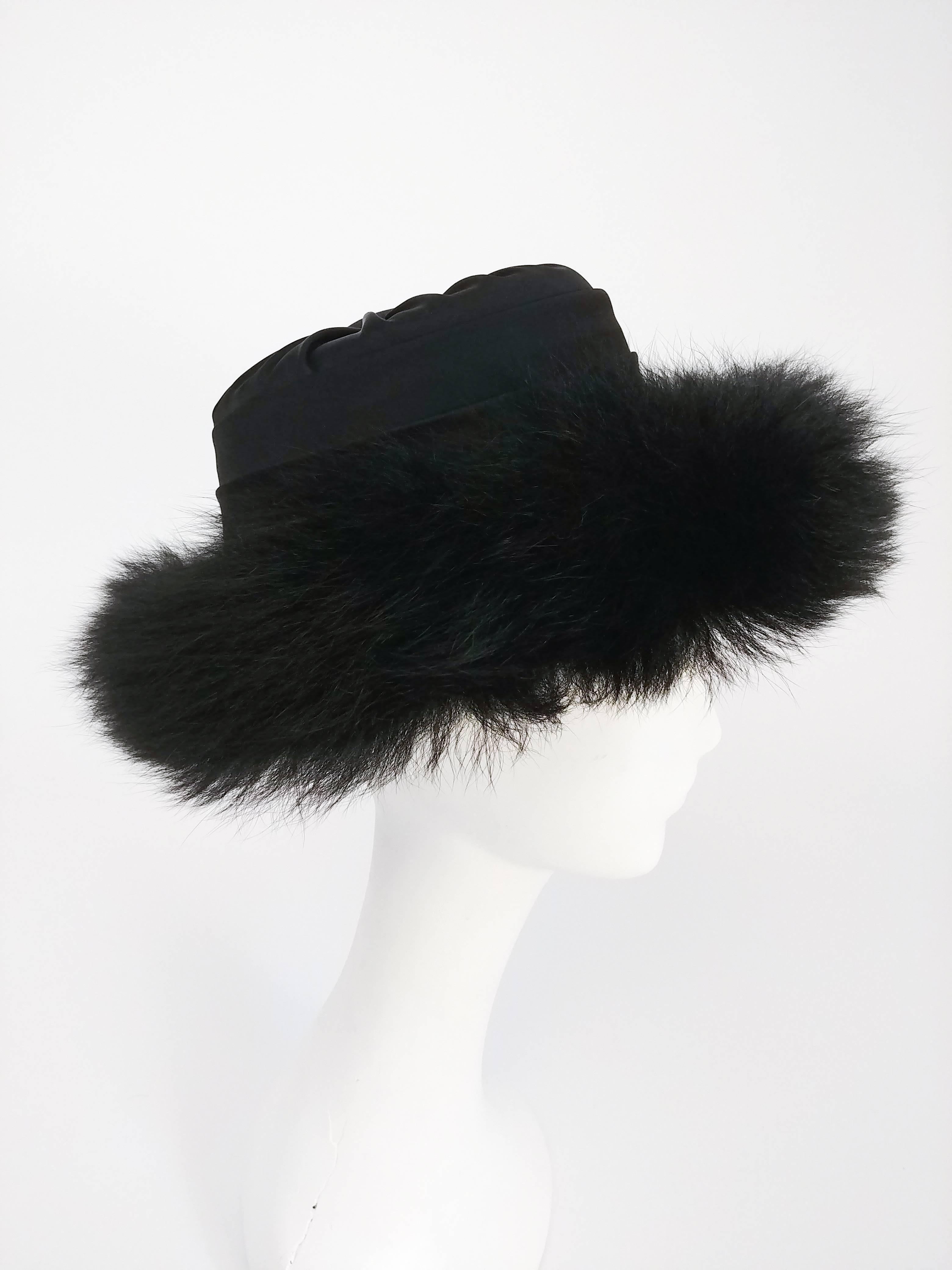 1960s Sheep Fur Trim Black Hat. Pleated satin top with adorable button detail. 