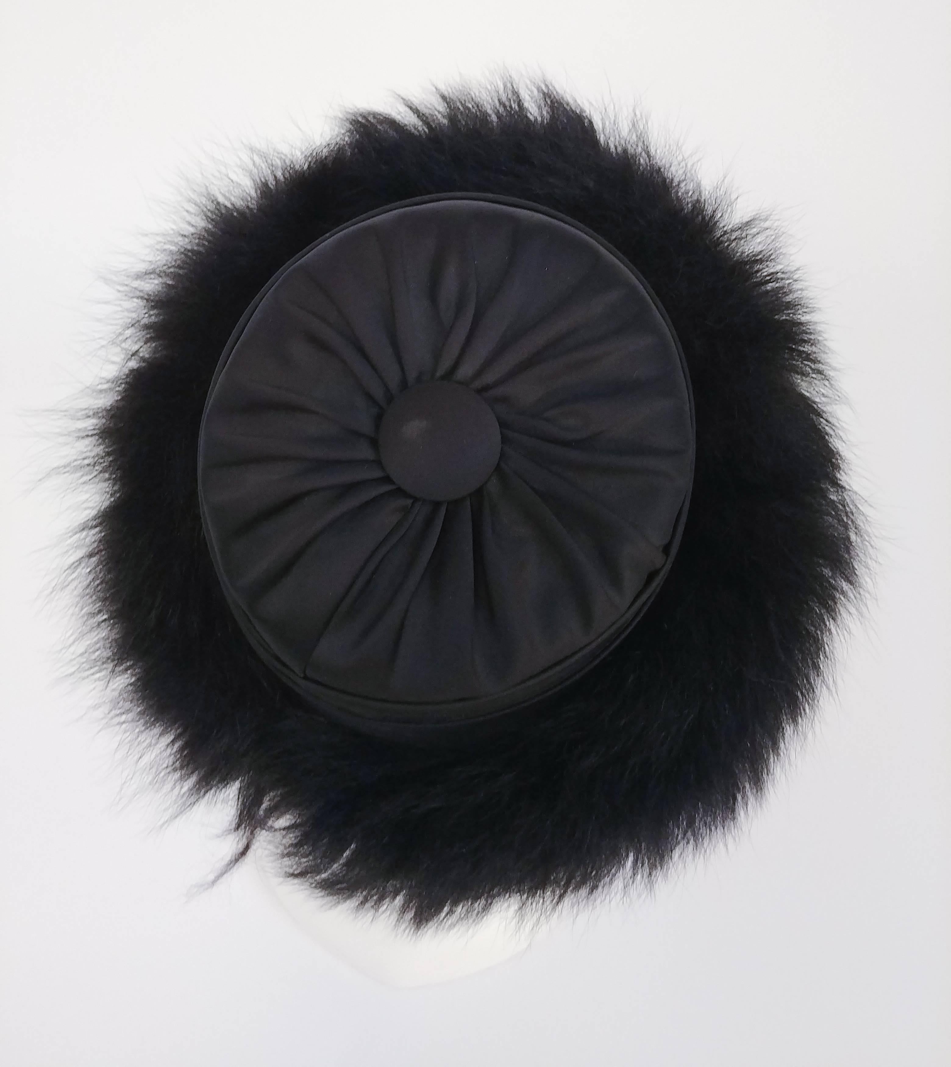 Sheep Fur Trim Black Hat, 1960s  In Good Condition In San Francisco, CA