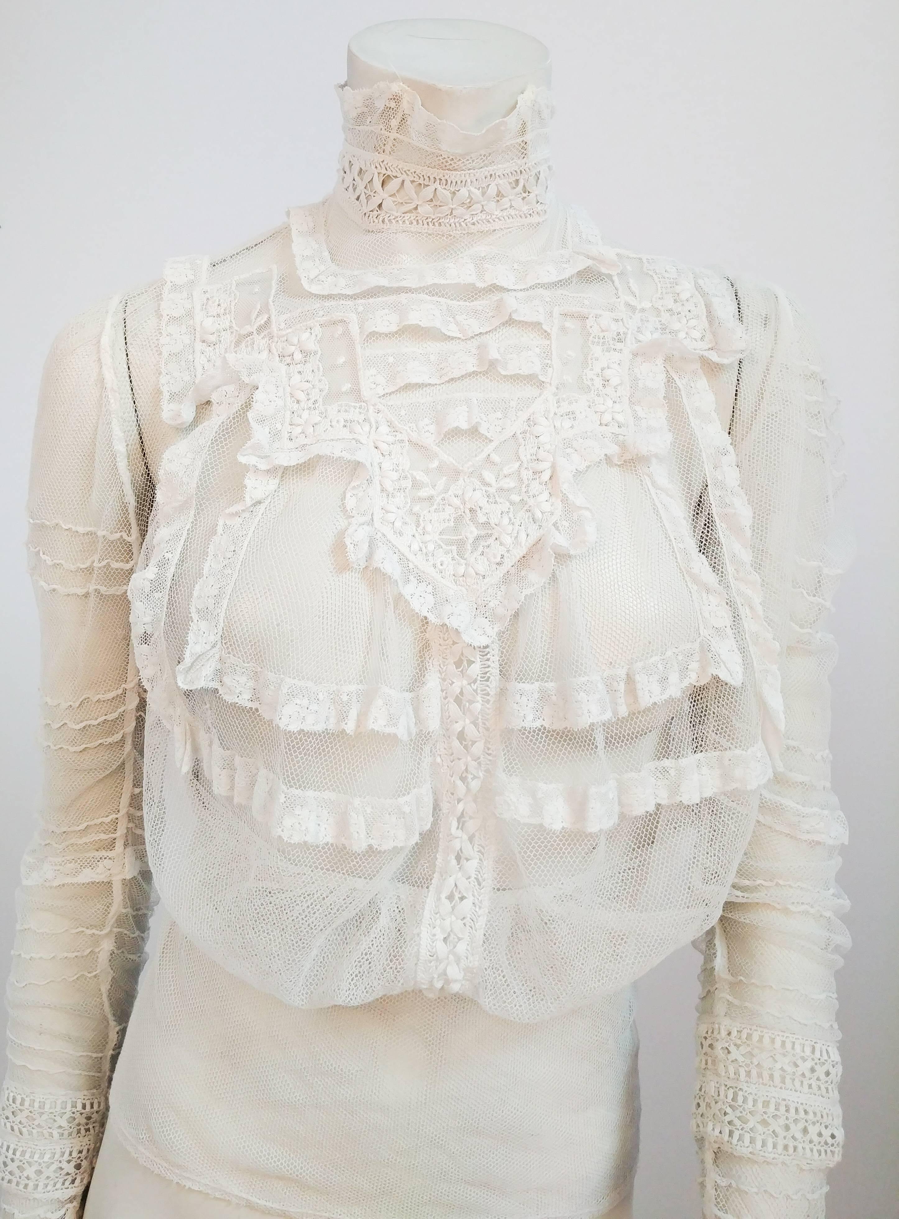 1900s White Lace Sheer Mesh Blouse. Machine lace trim and hand done tension lace