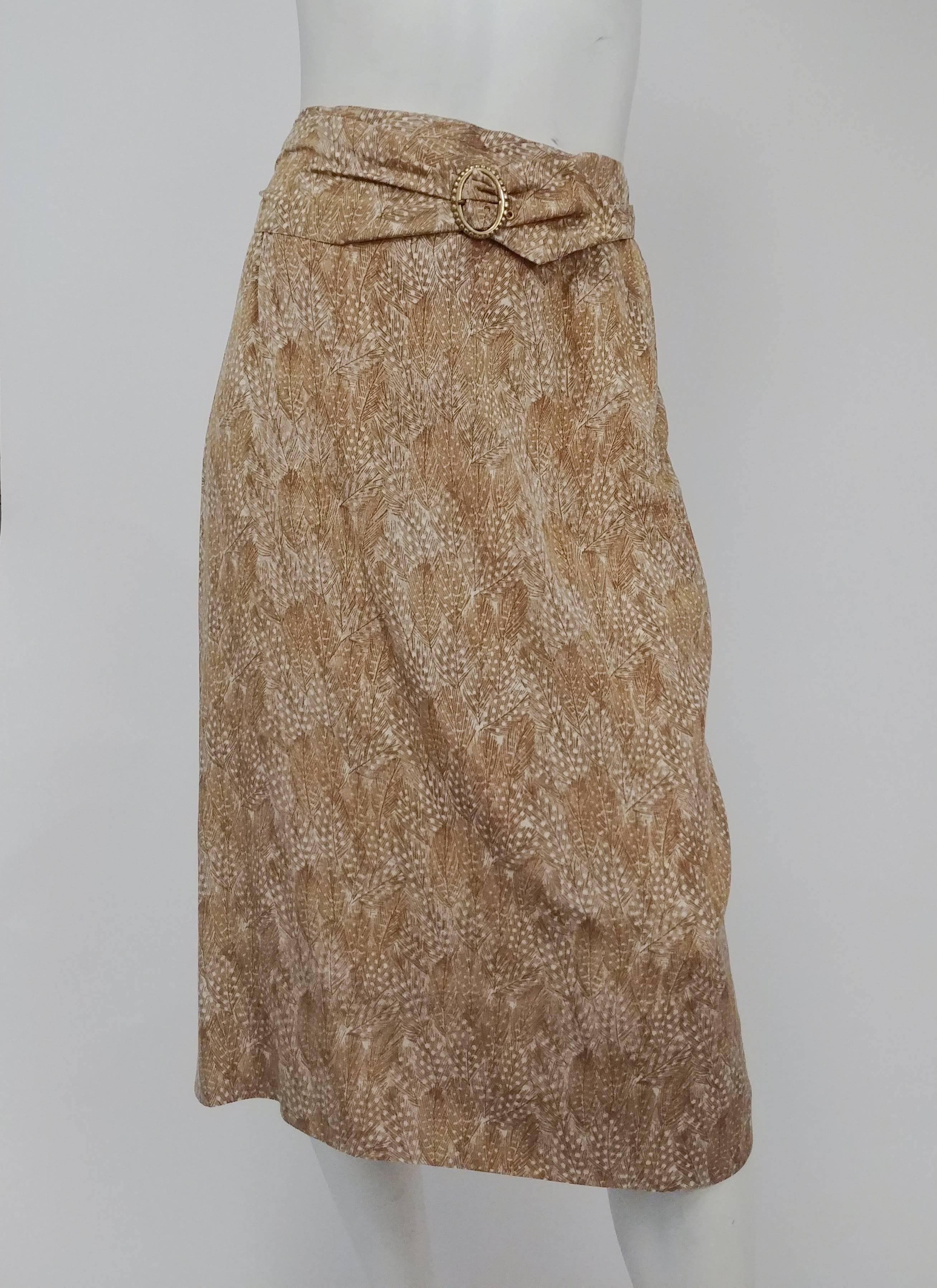 Bill Atkinson - Ensemble jupe imprimée de plumes vertes avec ceinture assortie, années 1970 Pour femmes en vente