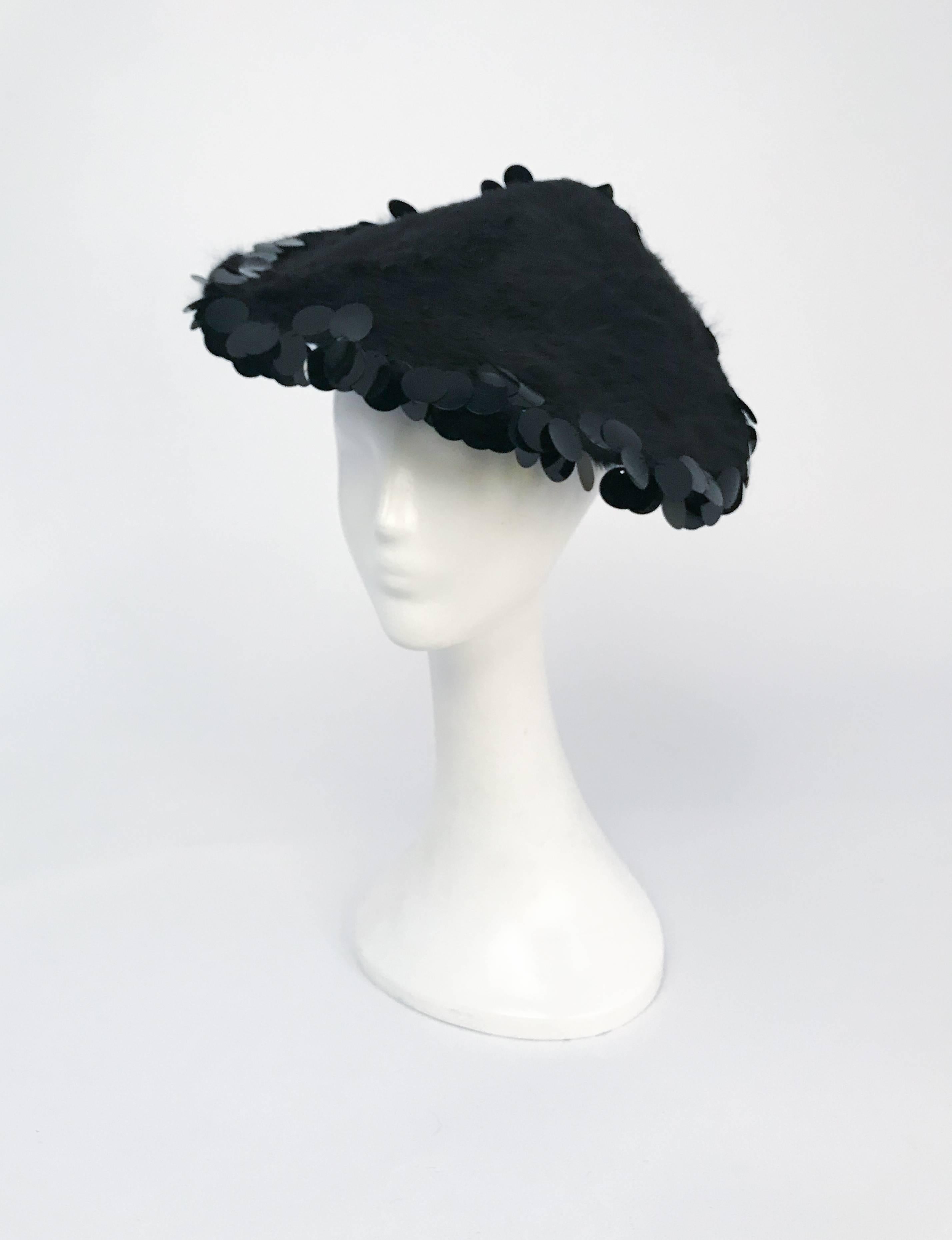 1950s Black Beaver and Sequin Hat. Beaver hat with sequin trim detail. Elastic to secure hat to head. 