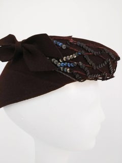 1940s Brown Wool Felt Hat w/ Sequins & Bows
