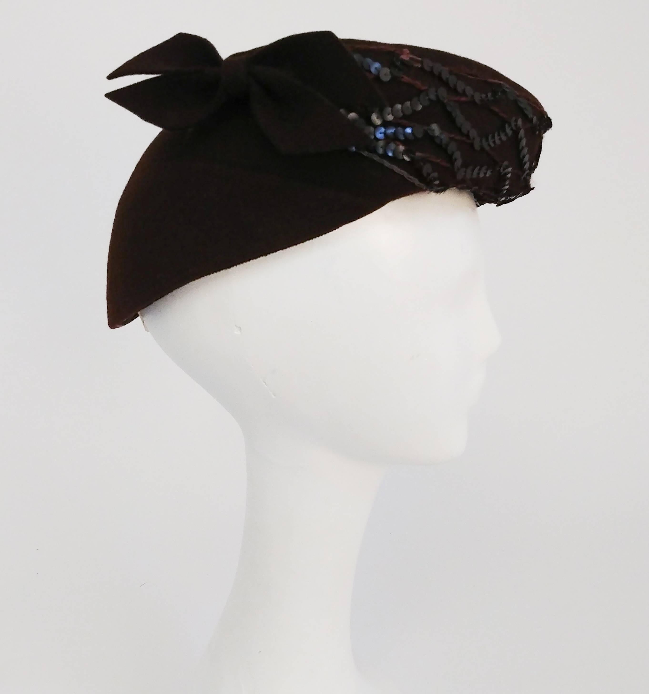 Gray 1940s Brown Wool Felt Hat w/ Sequins & Bows For Sale