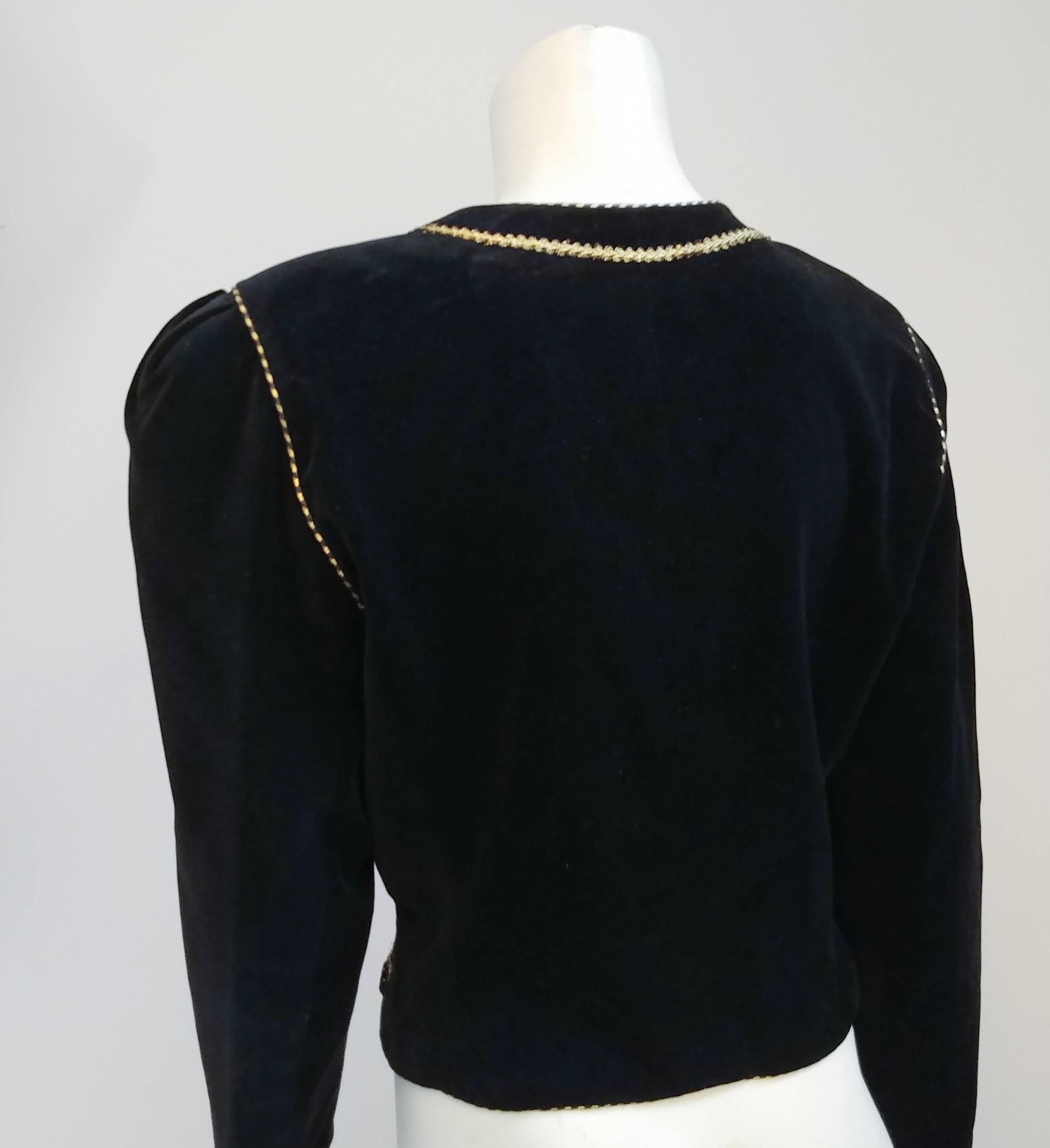 1980s David Butler Black Velveteen Top w/ Gold Trim. Black Velveteen Top with gathered shoulders, gold-tone trim, and button front closure.