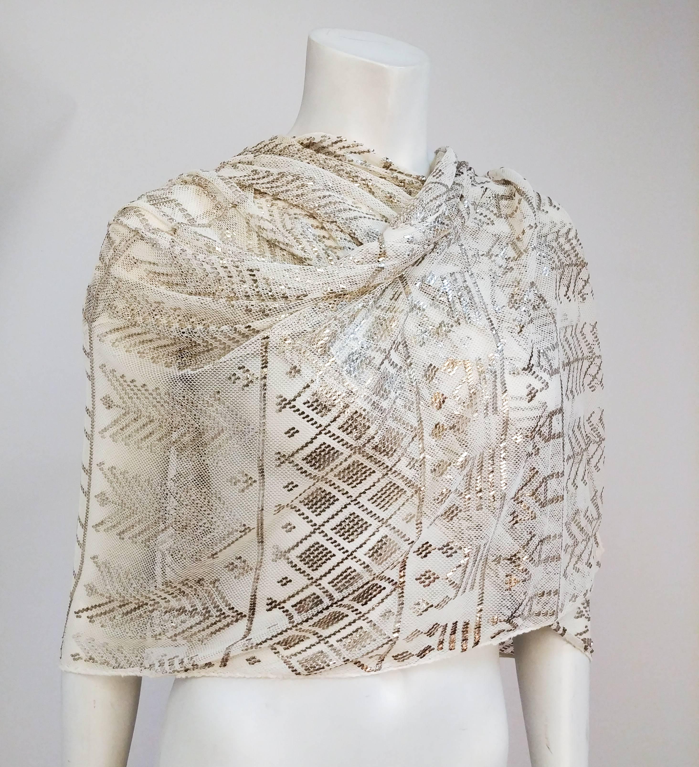1920s Silver Assuit Shawl. White knit silver assuit shawl with geometric pattern. 
