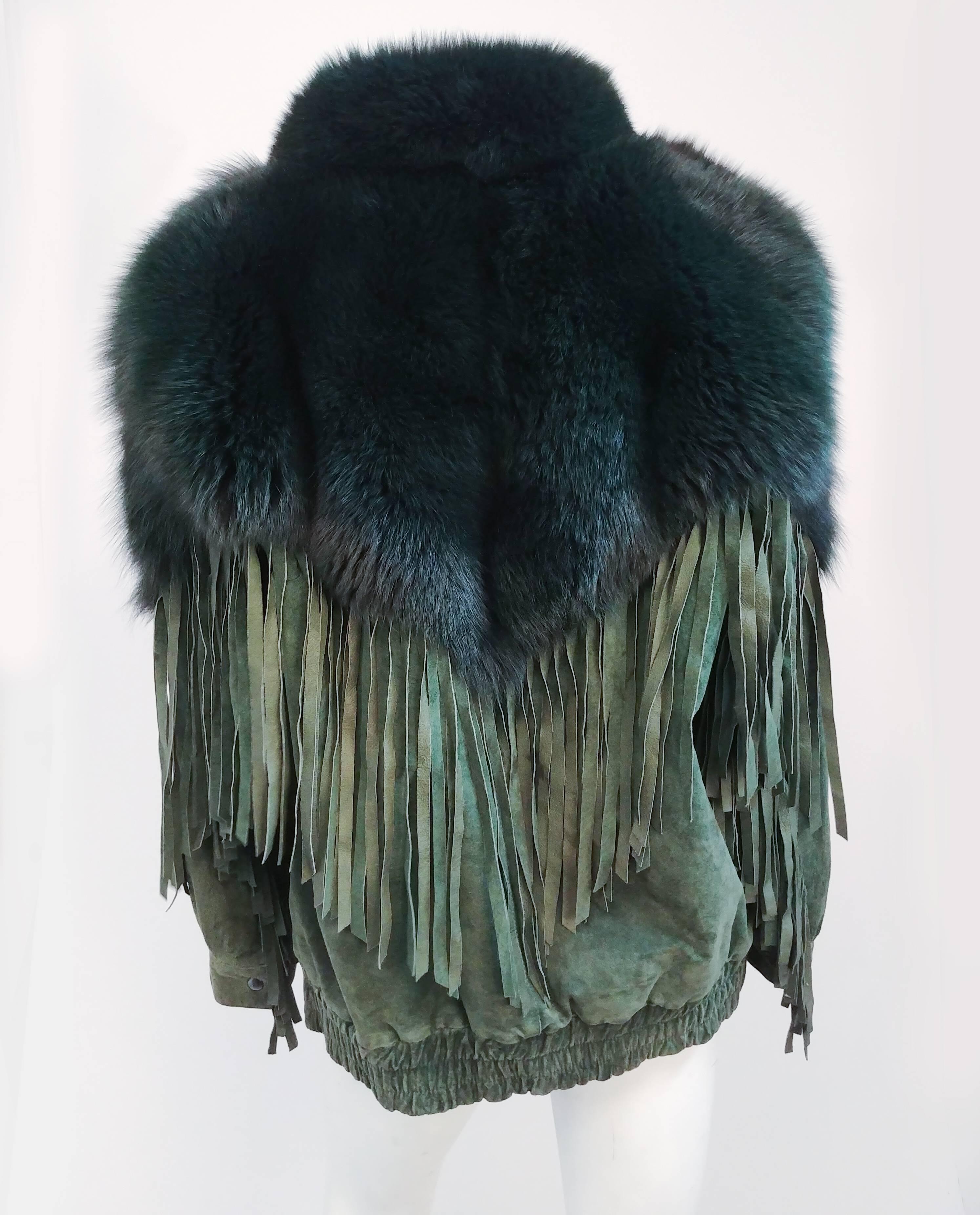 Black 1980s Green Fox Fur Trim Suede Jacket w/ Fringe