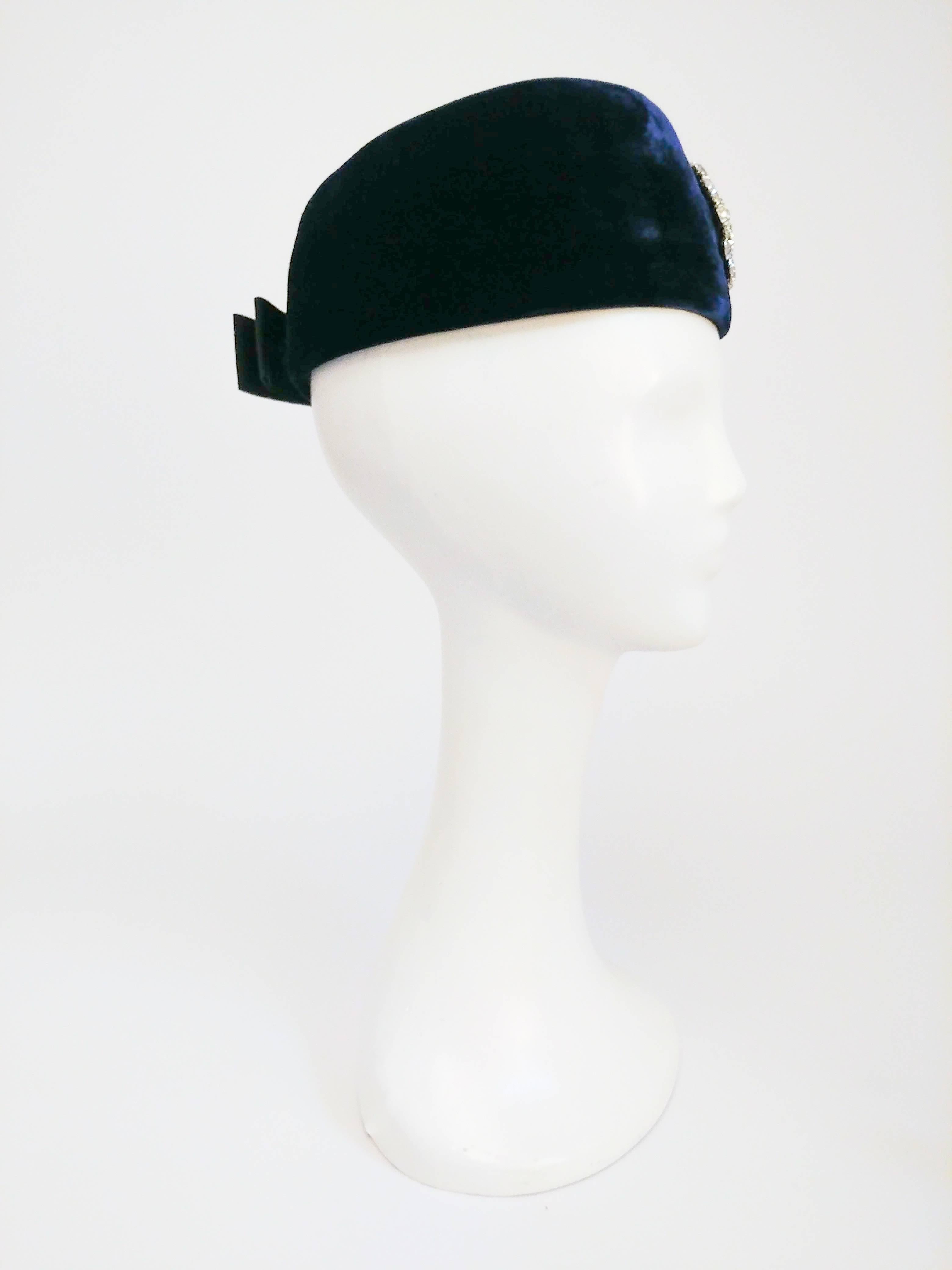 Gray 1960s Blue Velvet Hat with Rhinestone Embellishment