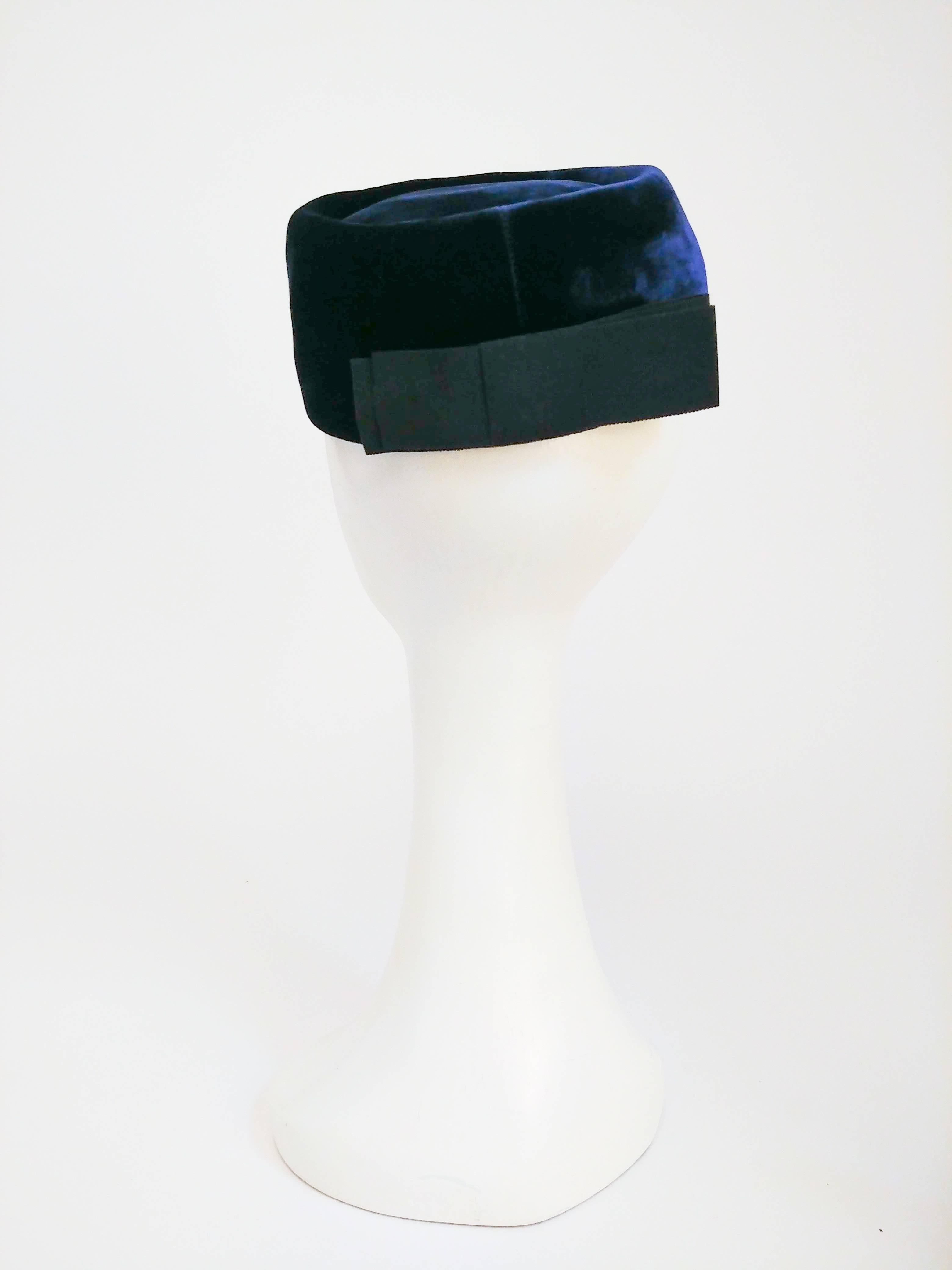 1960s Blue Velvet Hat with Rhinestone Embellishment In Good Condition In San Francisco, CA