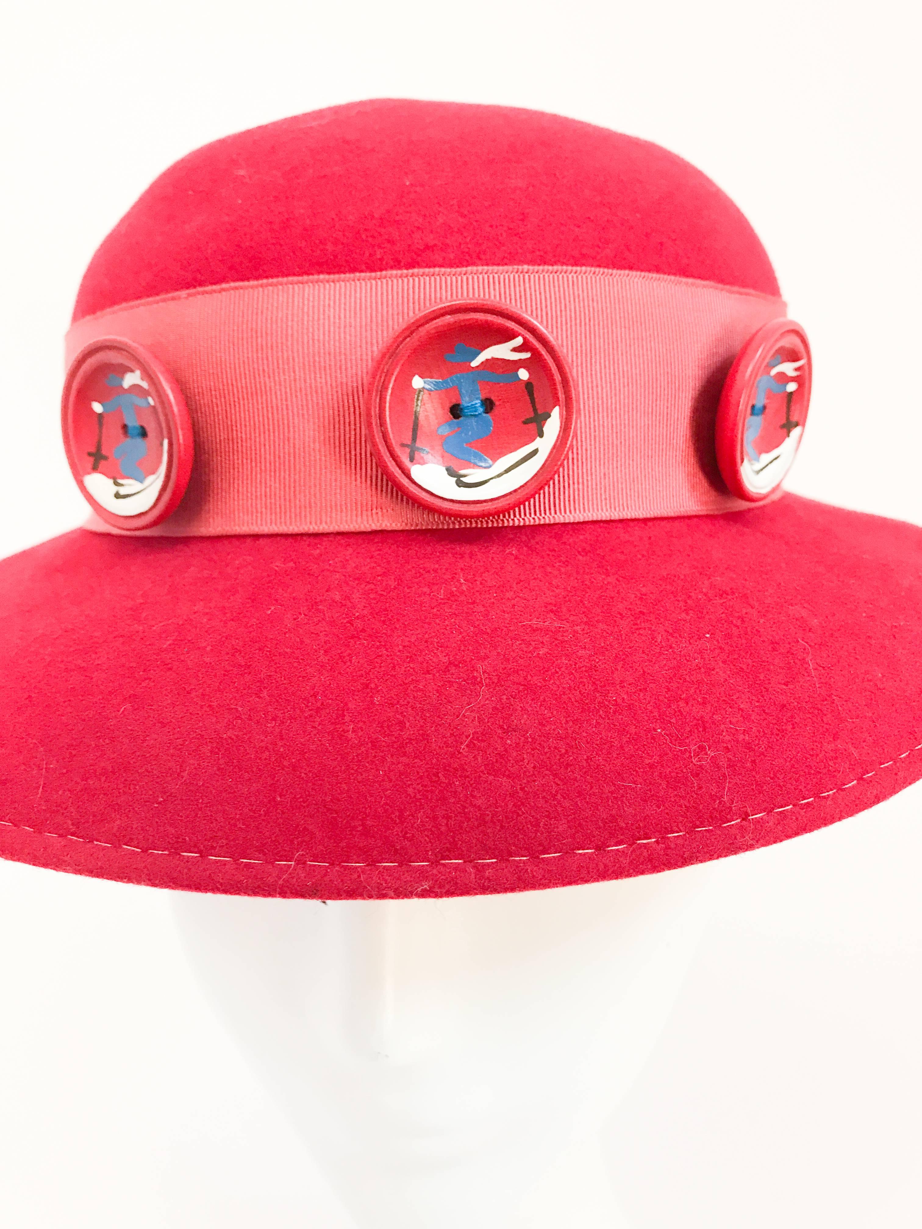 1930s Red Felt hat with Hand Painted Ski Buttons For Sale 1