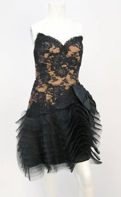 1980s Victor Costa Black Stapless Lace and Tulle Dress