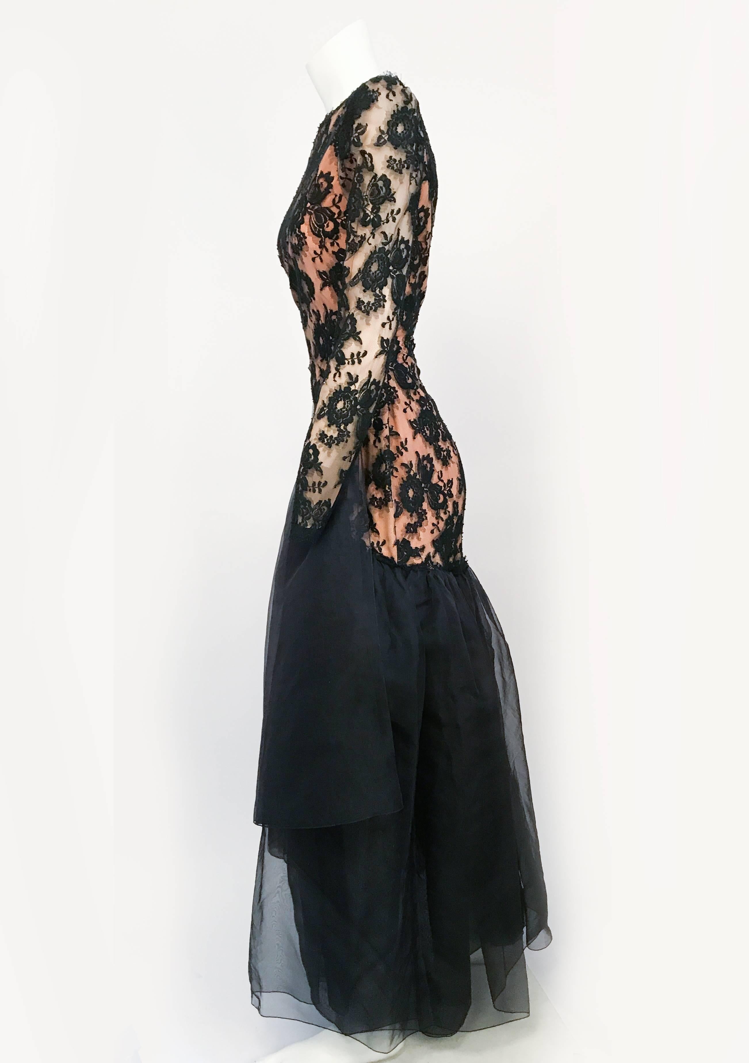 1980s Travilla Black Floral Lace Dress 1