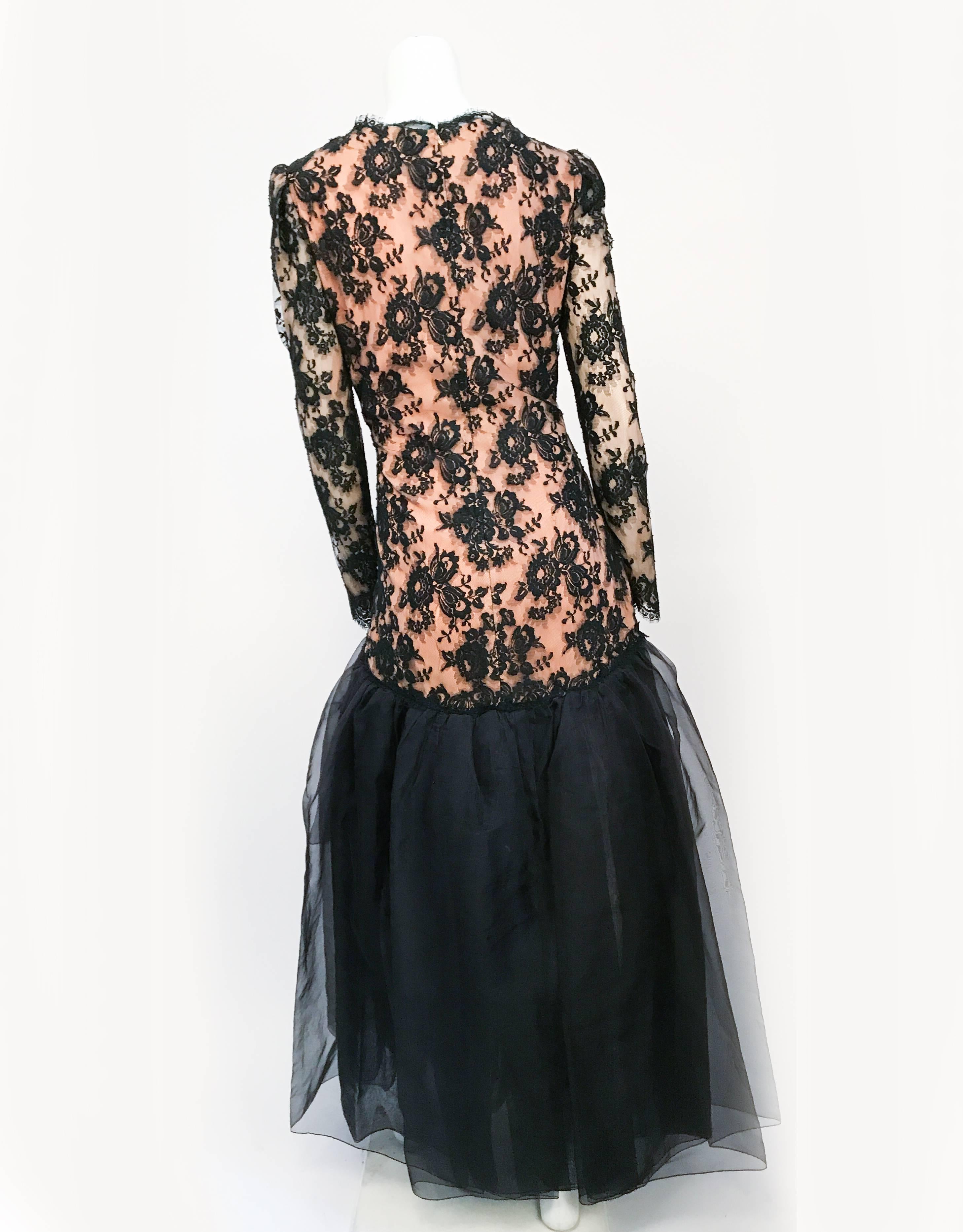 1980s Travilla Black Floral Lace Dress 2