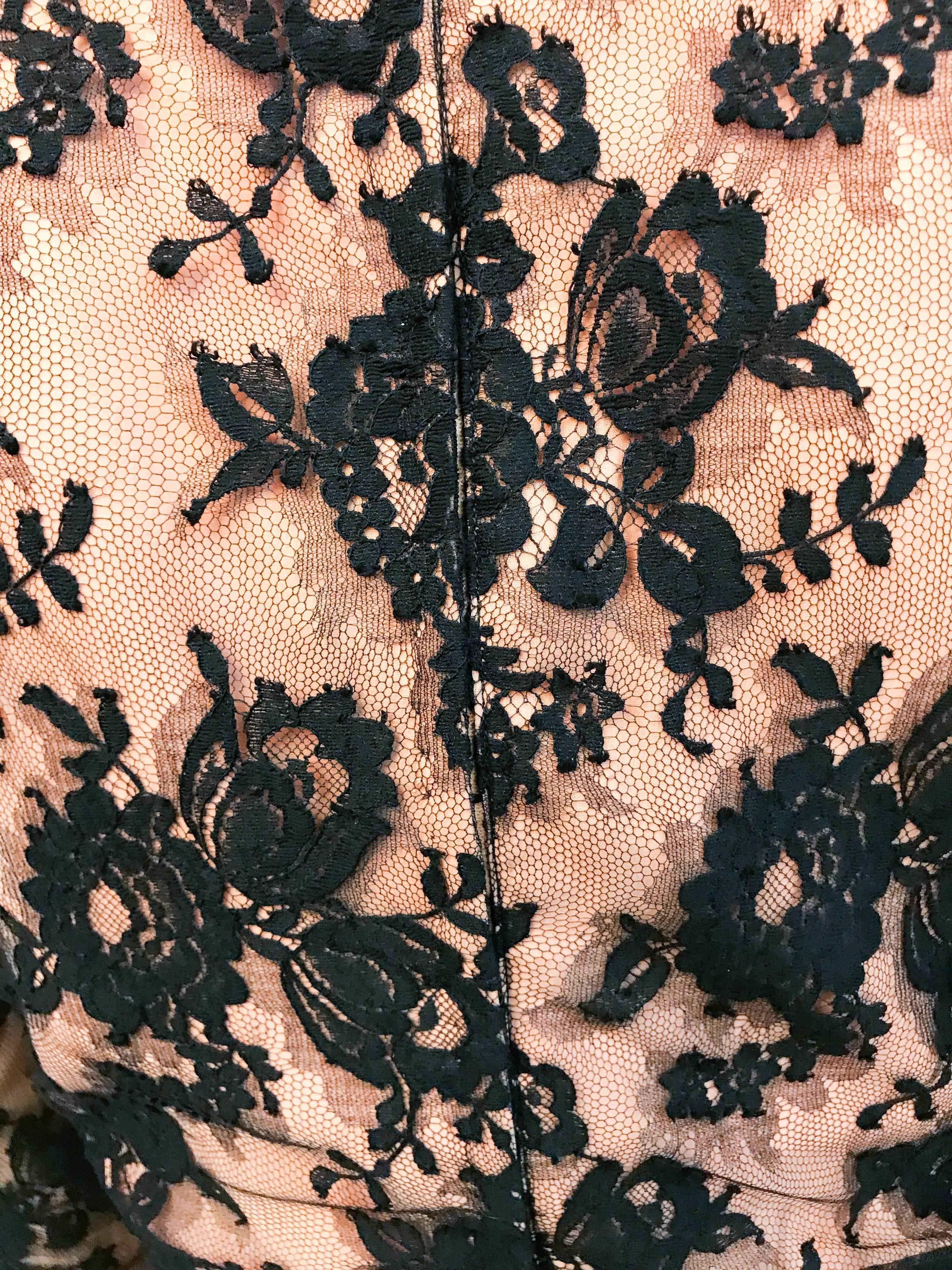 1980s Travilla Black Floral Lace Dress 4