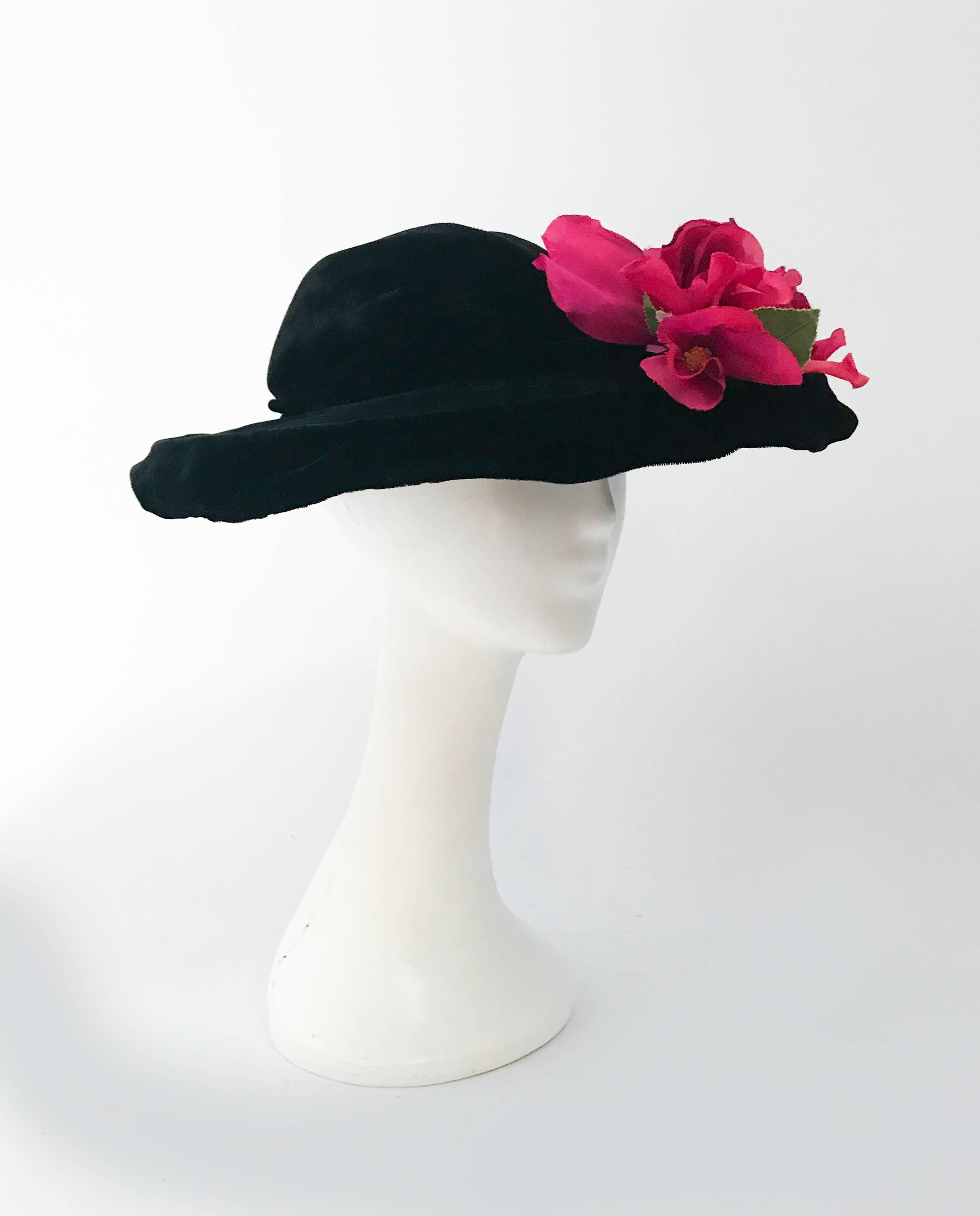 1940s Black Silk Velvet Hat with Silk Handmade Flowers. Black silk velvet hat with wide brim and silk/velvet hand cut flowers.