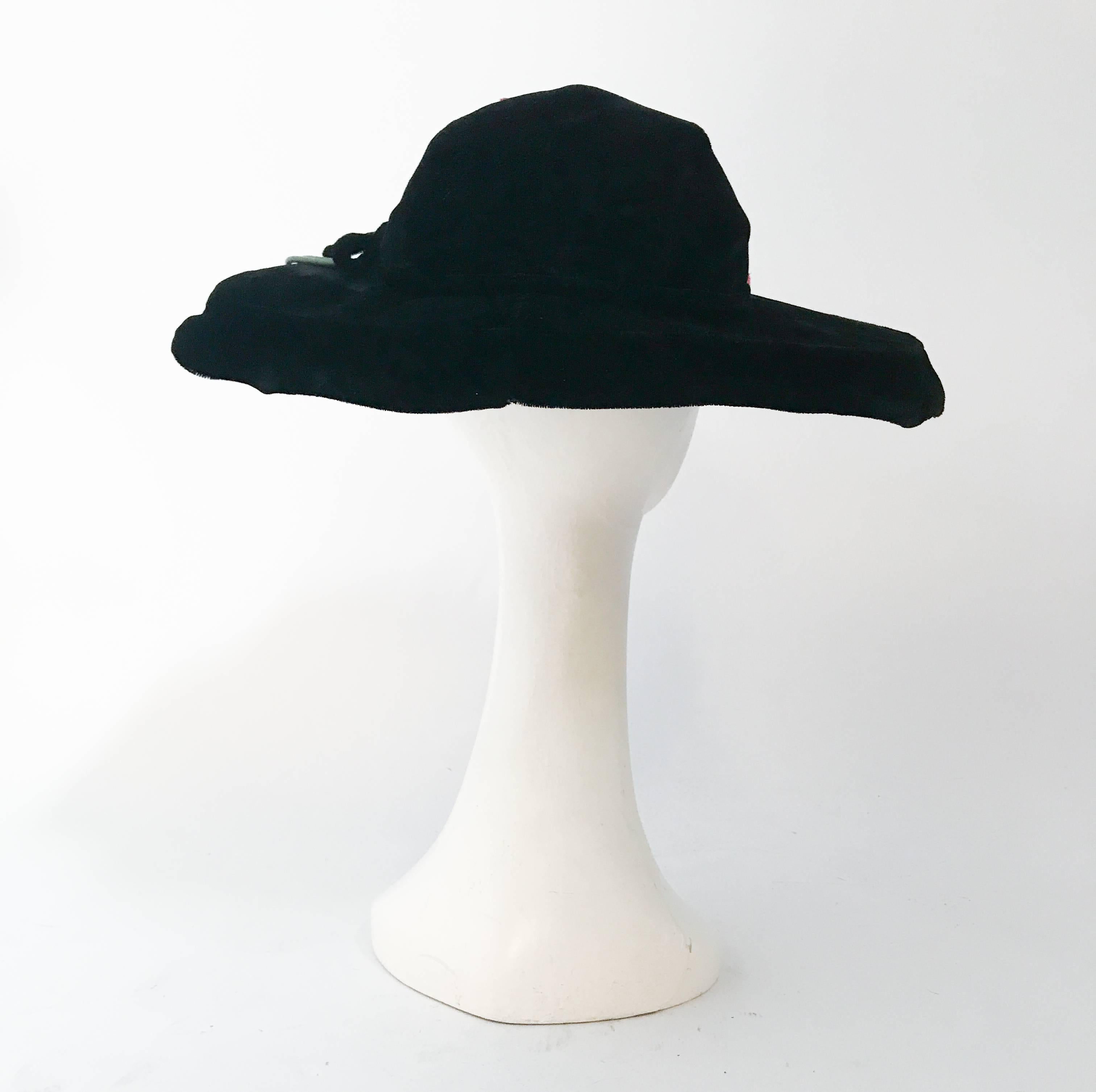 Women's 1940s Black Silk Velvet Hat with Silk Handmade Flowers
