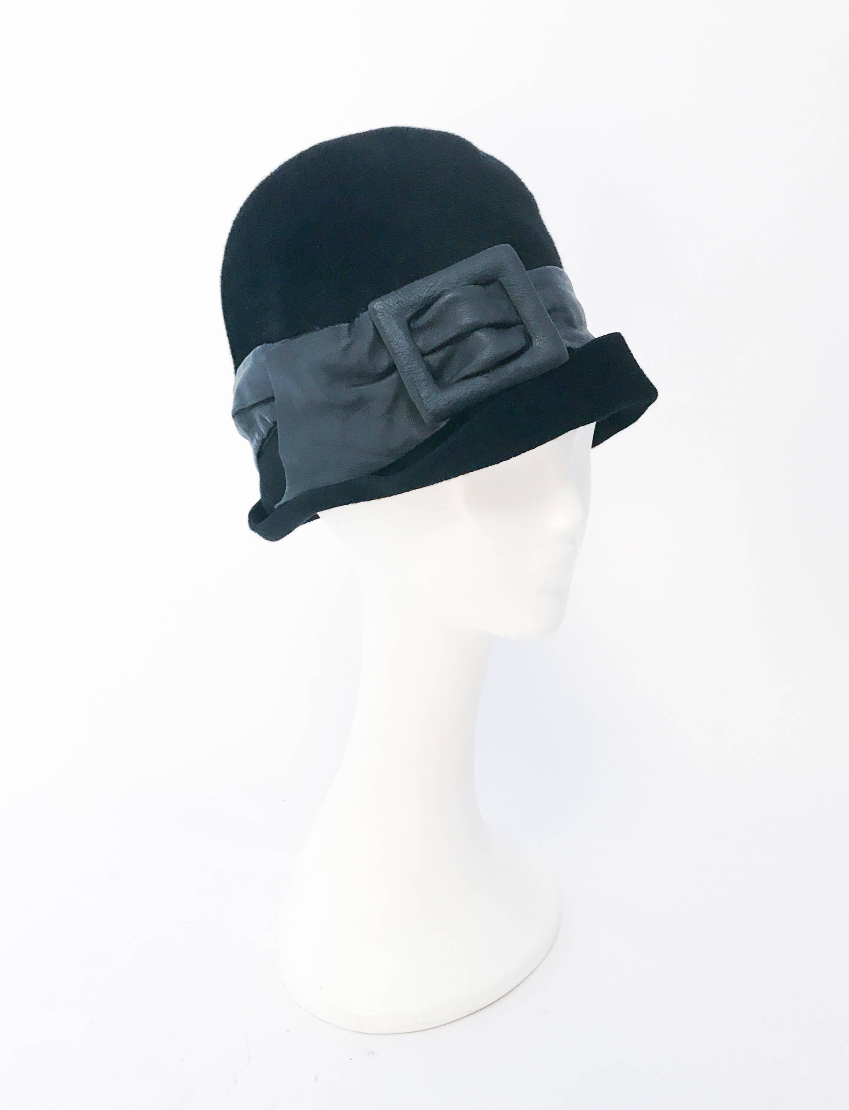 1960s Mr. John Black Cashmere Felt Hat with Leather Band. Black cashmere felt hat with black leather band and buckle.