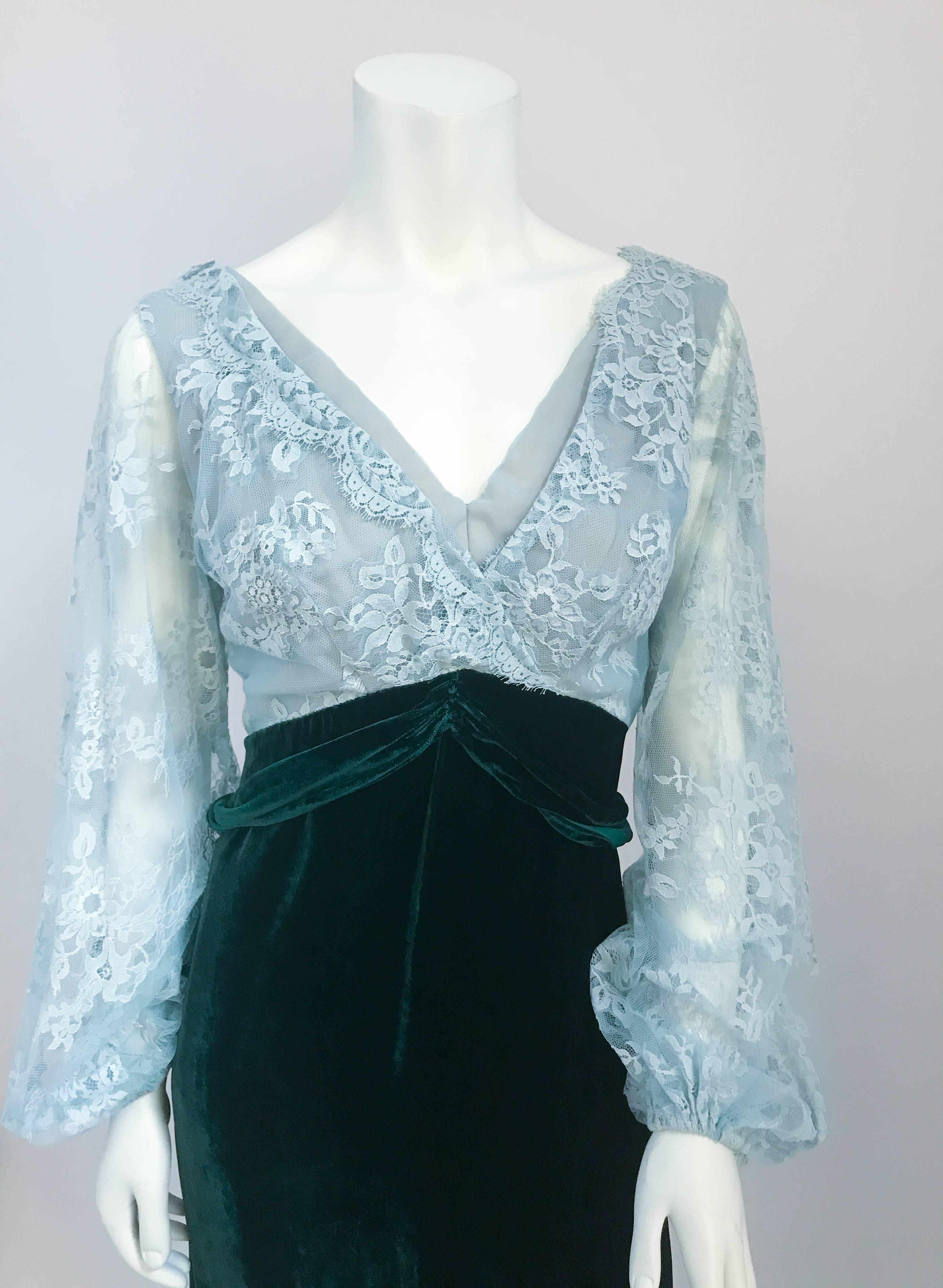 1960s Helen Rose Emerald Velvet and Pale Blue Lace Dress. Emerald silk Velvet and pale blue floral lace. Design. Empire style sleeves with sash included for the waist line. Helen Rose was a famous designer who made several pieces for Elizabeth