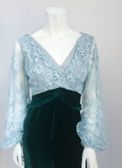 1960s Helen Rose Emerald Silk Velvet and Pale Blue Lace Dress