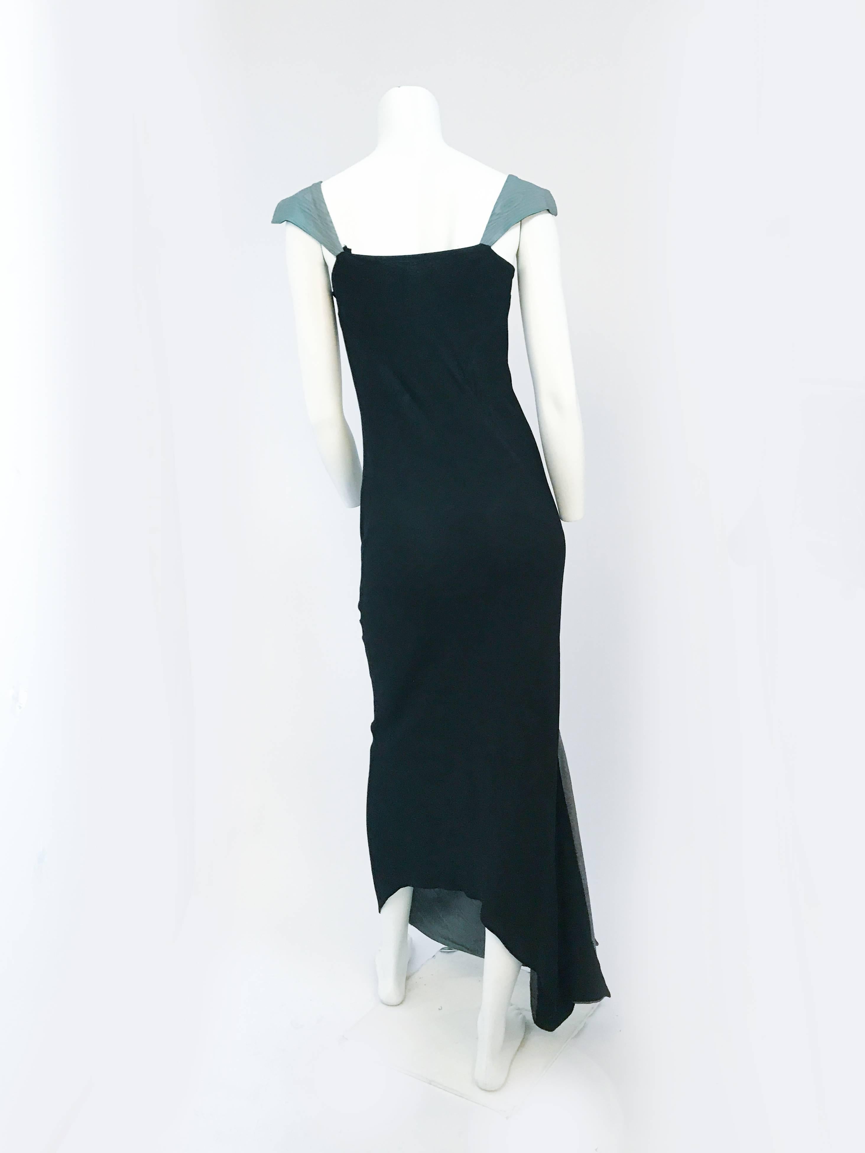 1930s Black Bias Cut Crepe Dress With Green Moire Details For Sale 1