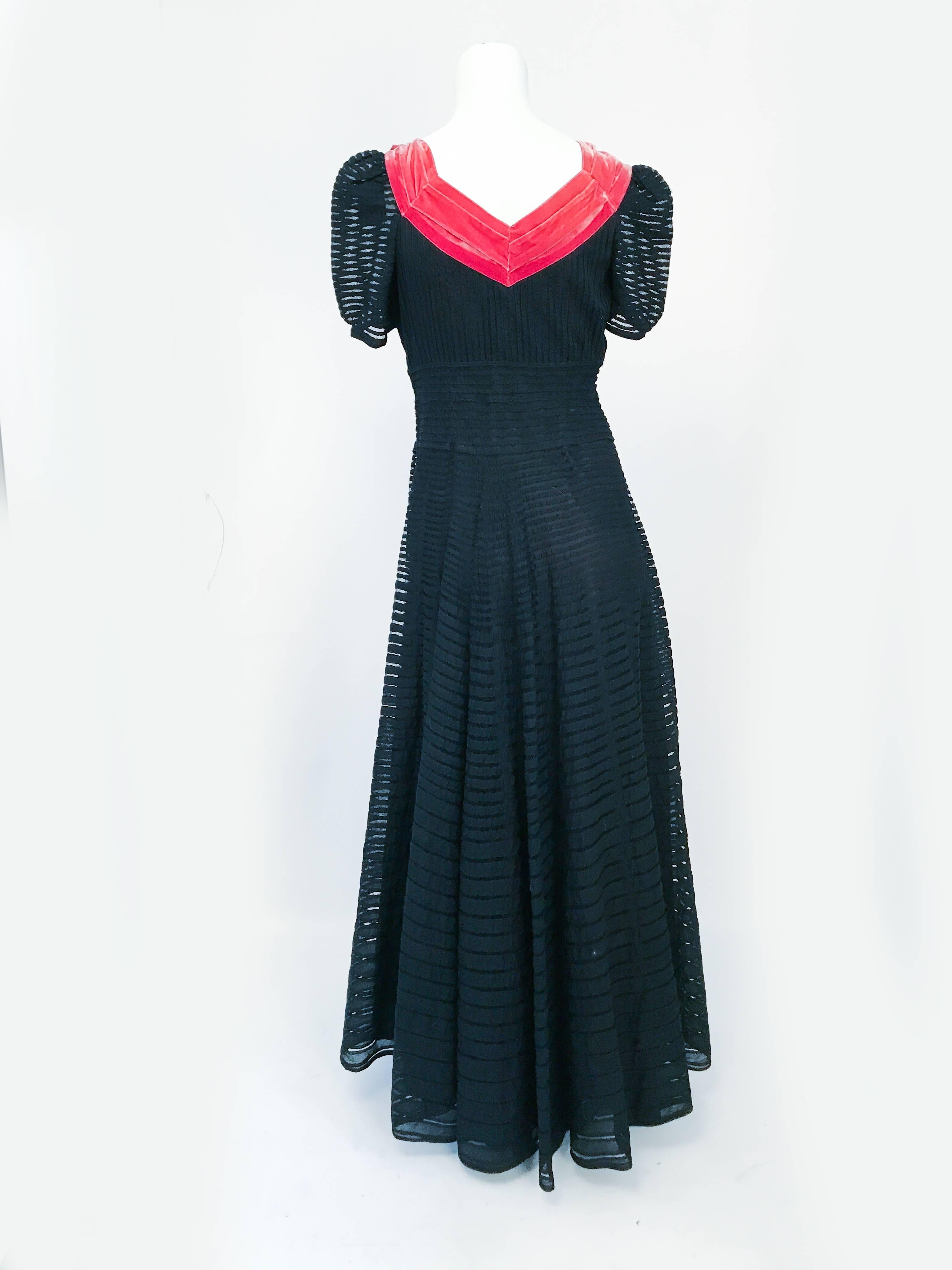 Women's or Men's 1930s Black/Coral Ribbon Silk and Velvet Dress For Sale