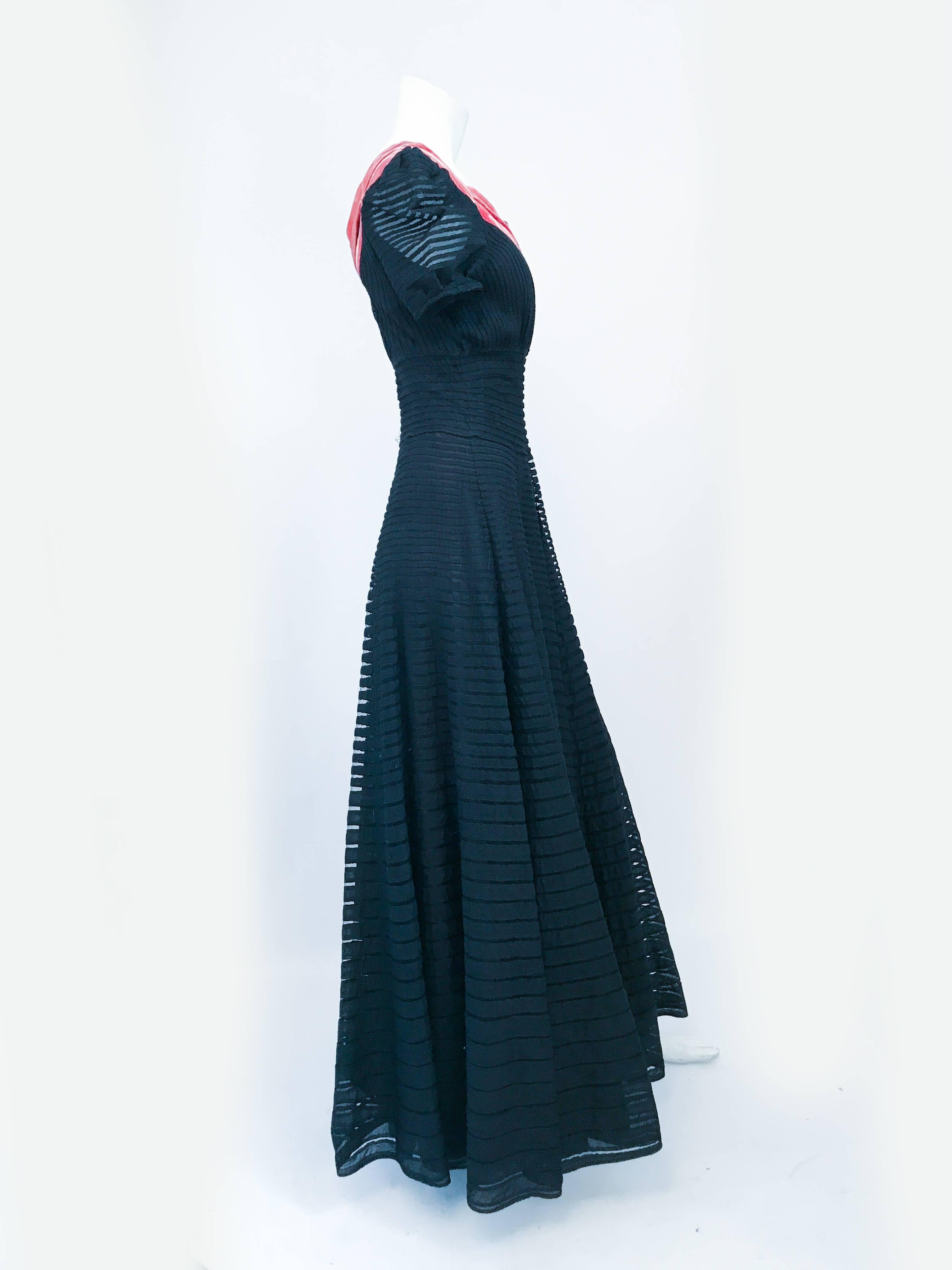 1930s Black/Coral Ribbon Silk and Velvet Dress In Good Condition For Sale In San Francisco, CA