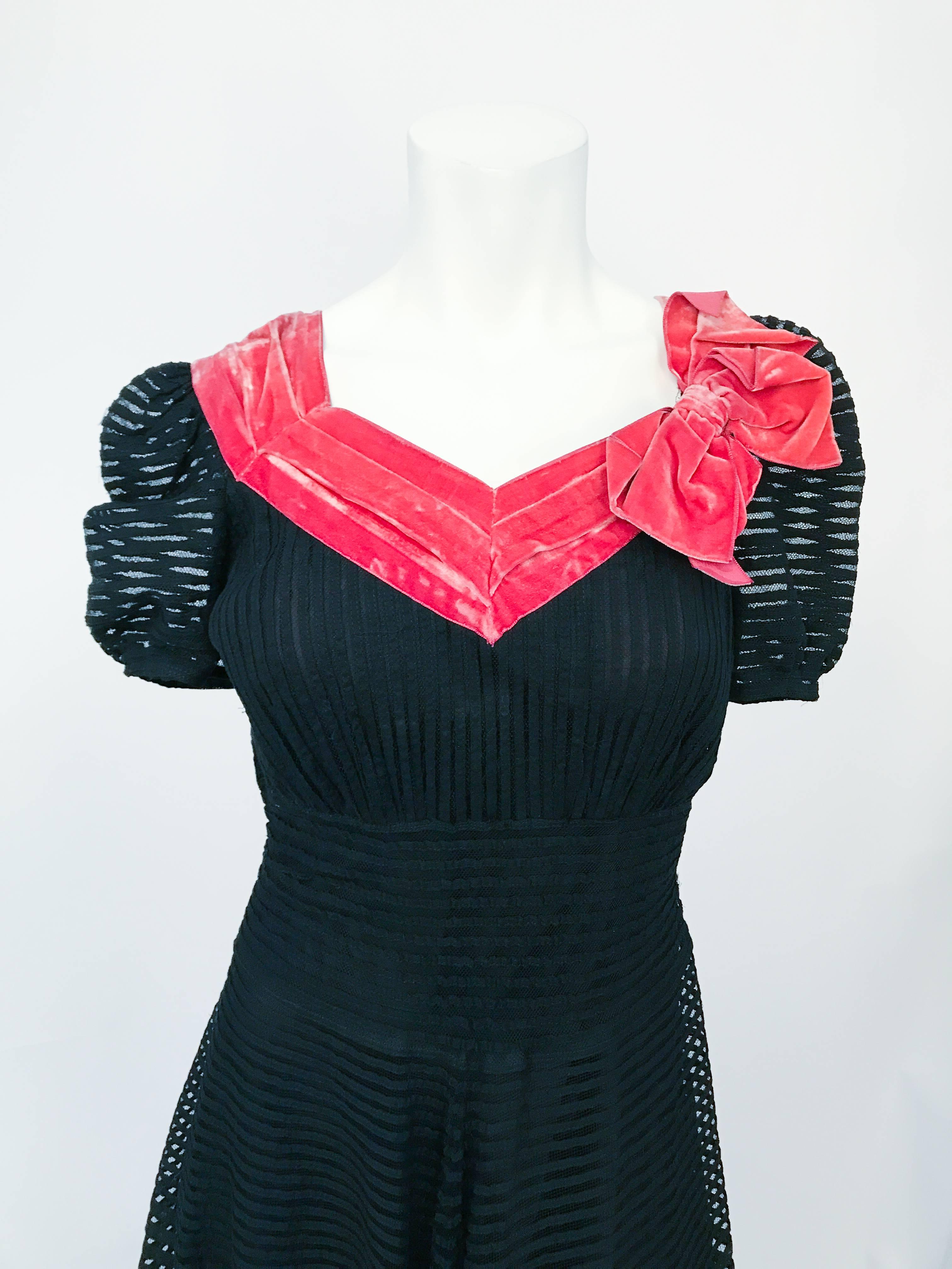 1930s Black/Coral Ribbon Silk and Velvet Dress. Black short-sleeved ribbon on silk mesh dress with Silk velvet trim and bow.