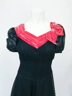 1930s Black/Coral Ribbon Silk and Velvet Dress