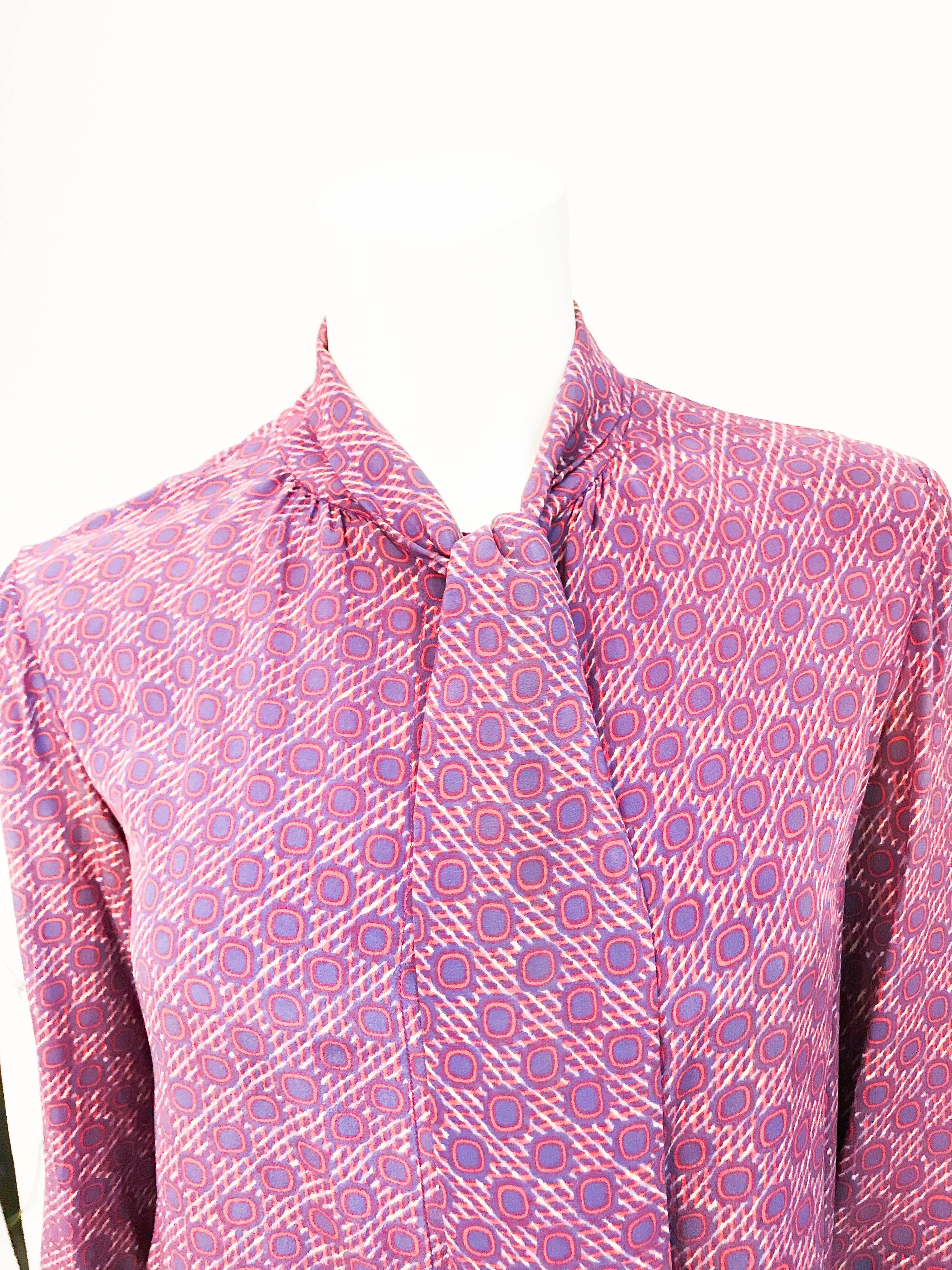 Women's 1970s Chanel Silk Printed Blouse with Attached Scarf