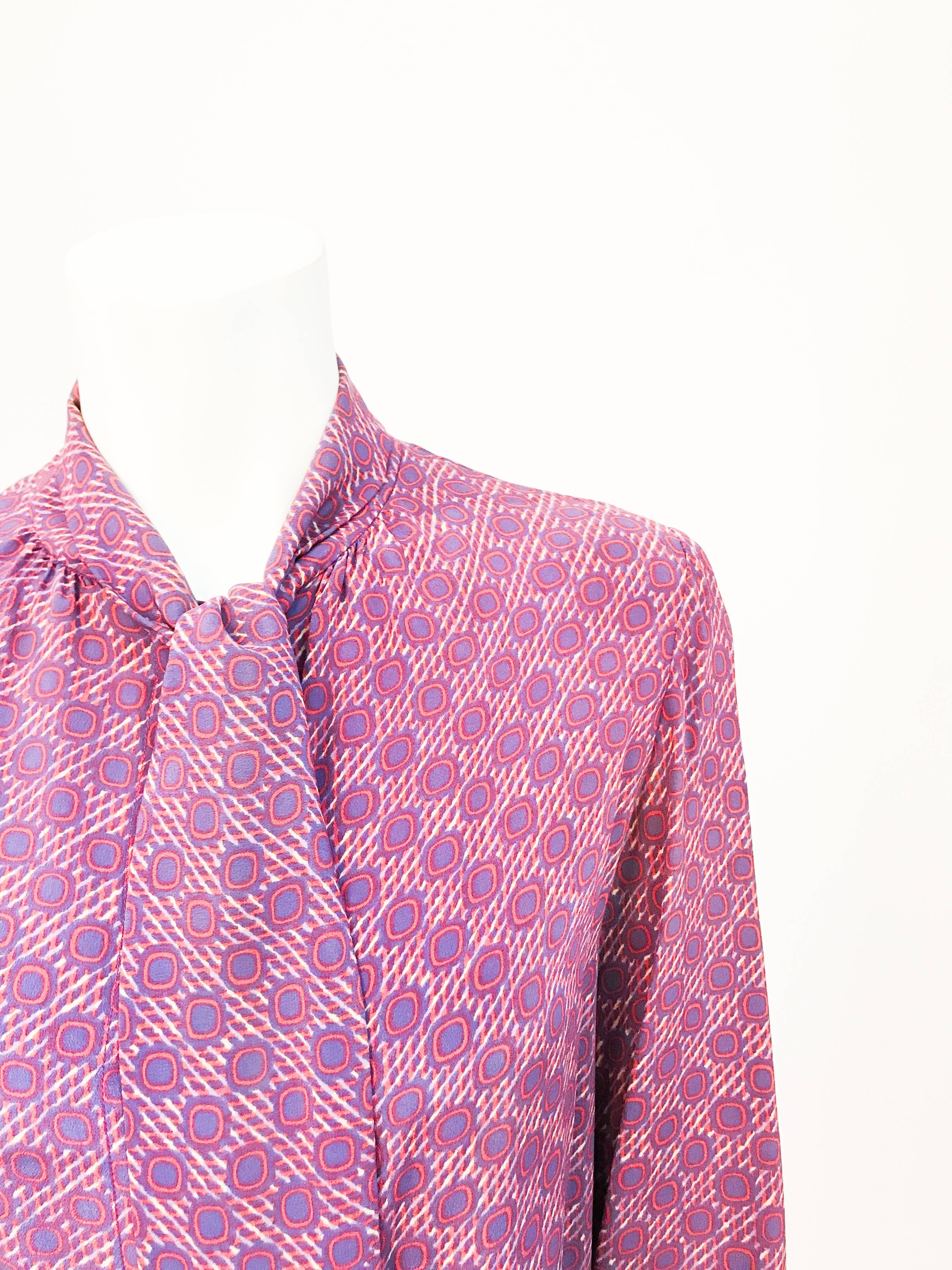 1970s Chanel Silk Printed Blouse with Attached Scarf 1