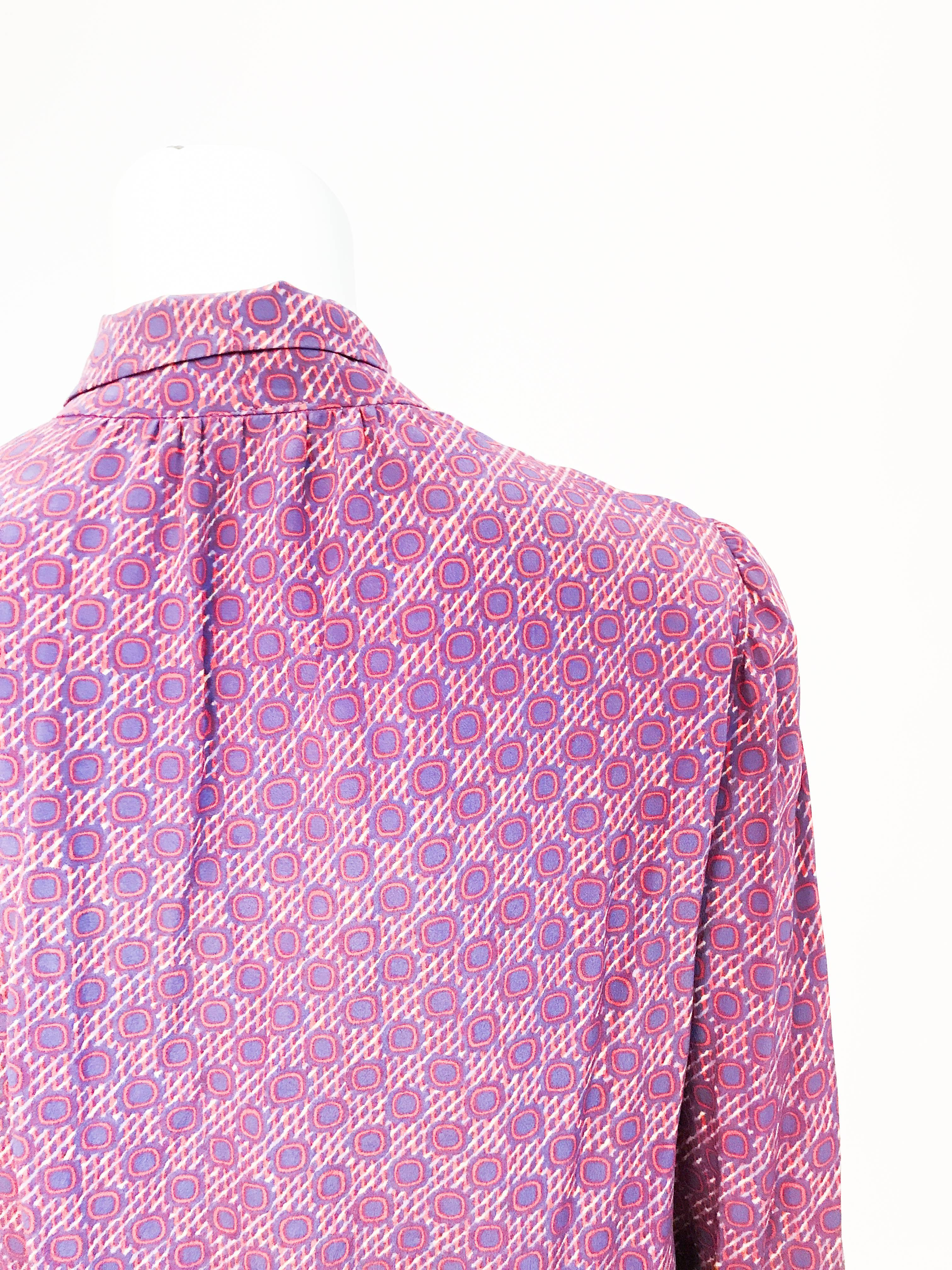 Purple 1970s Chanel Silk Printed Blouse with Attached Scarf